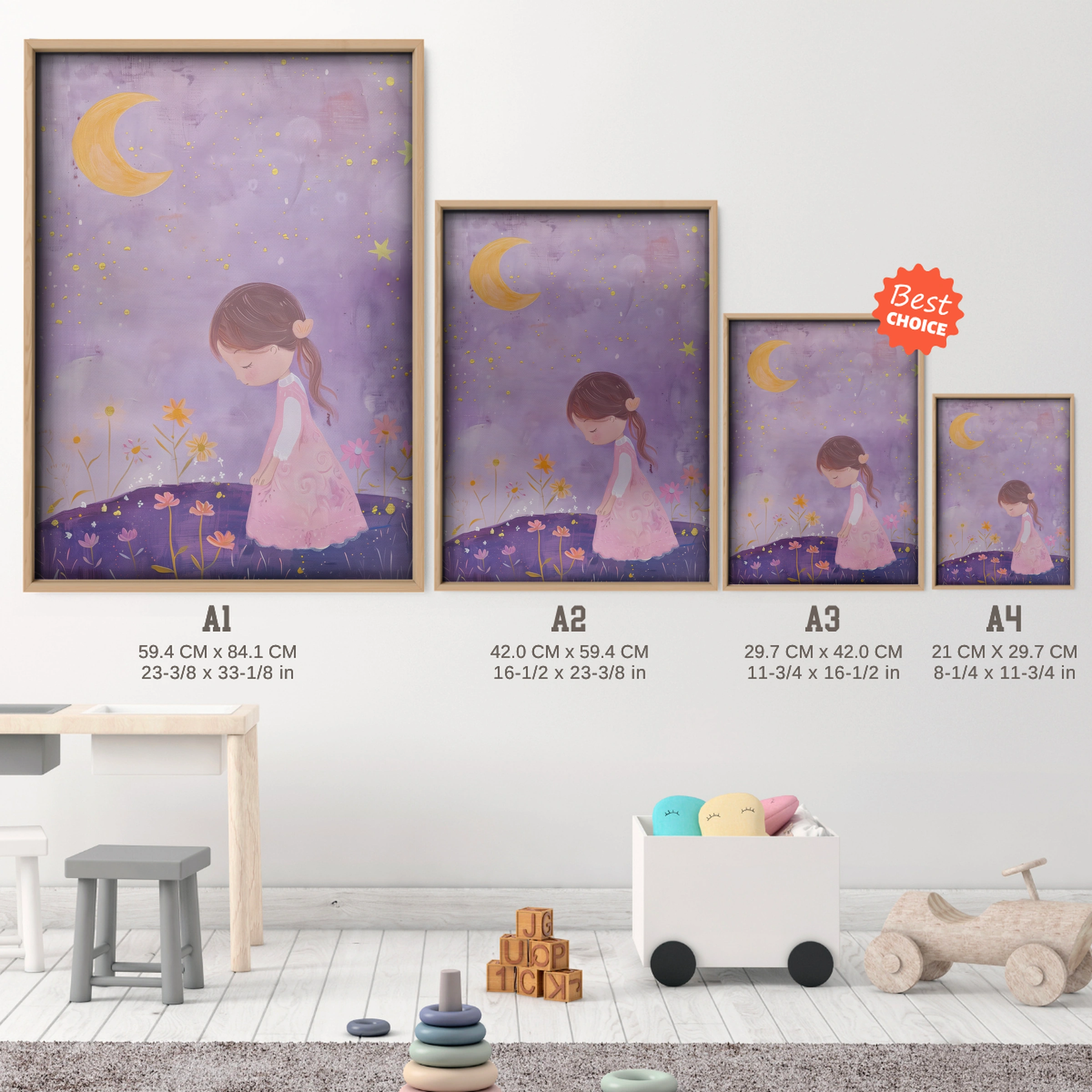 Girl Praying Under the Moon Nursery Print - size guide A4 A3 A2 A1 nursery print