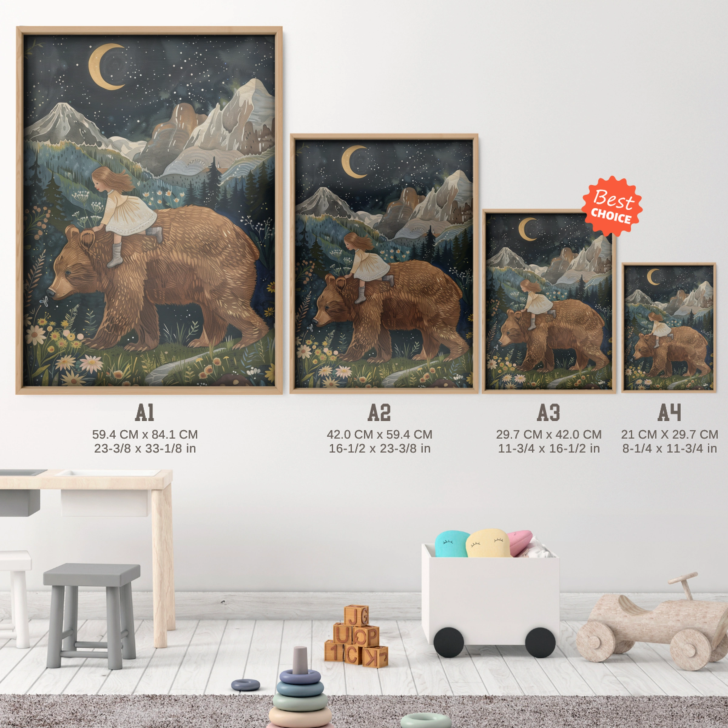 Girl Riding a Bear Nursery Print - size guide A4 A3 A2 A1 nursery print