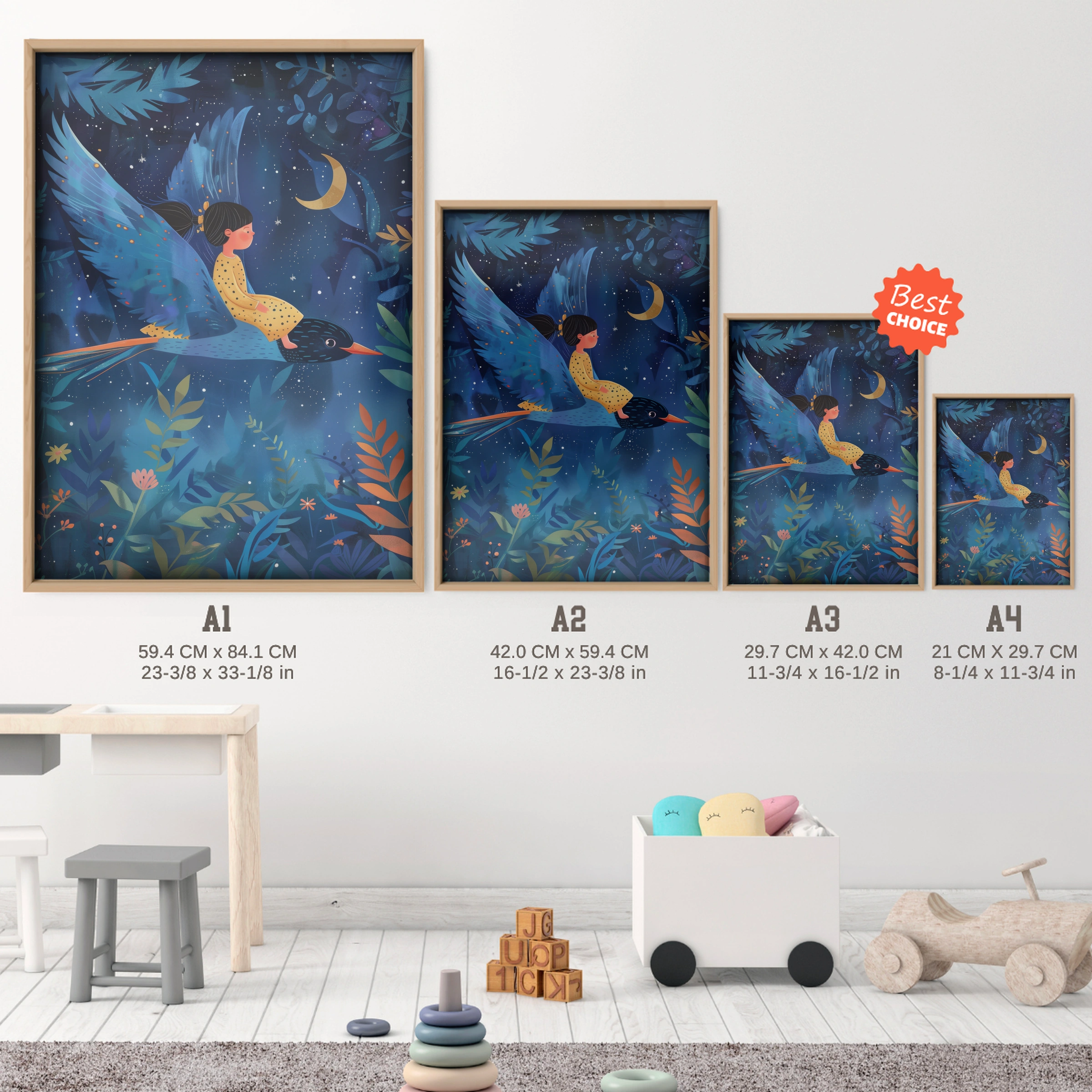 Girl Riding a Bird Nursery Print - size guide A4 A3 A2 A1 nursery print