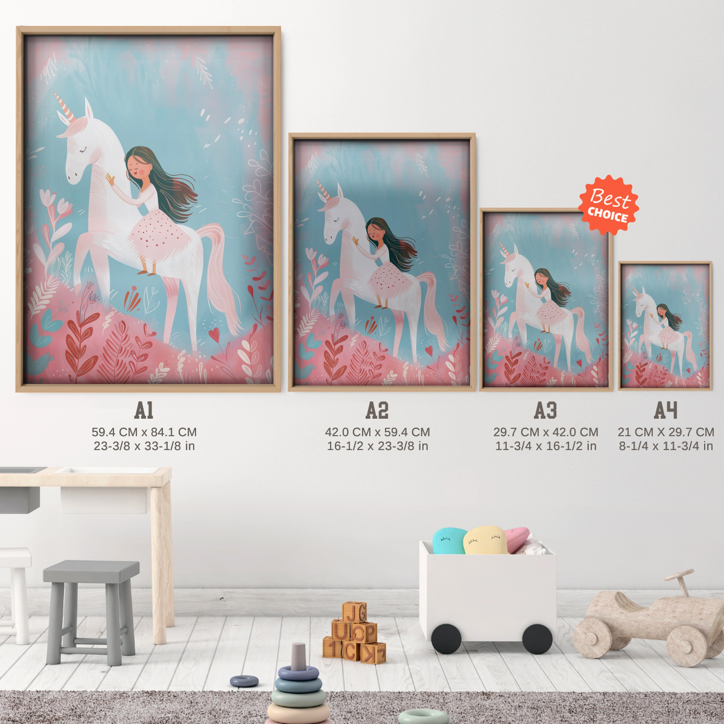 Girl Riding a Unicorn Nursery Print - size guide A4 A3 A2 A1 nursery print