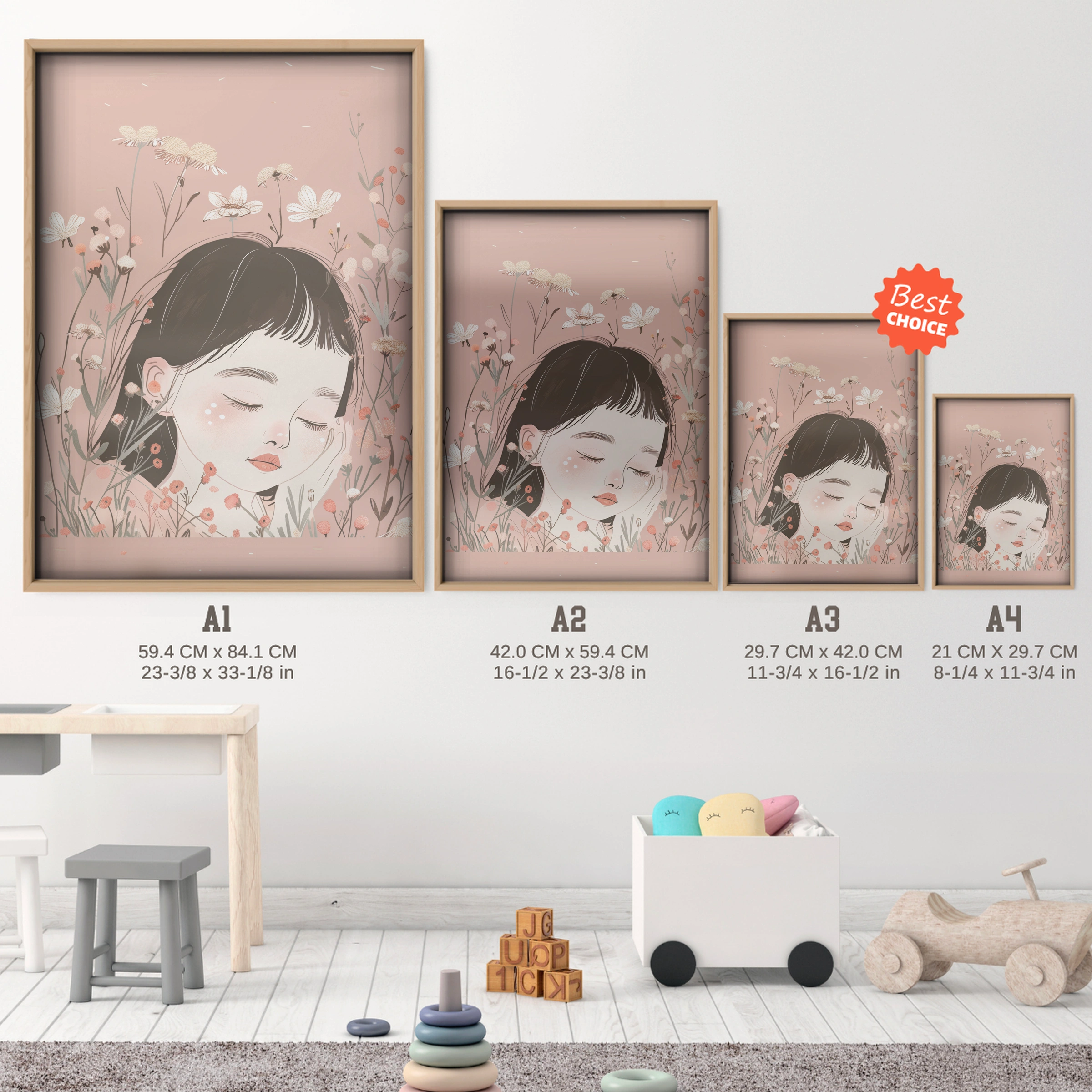 Girl Sleeping in Flowers Nursery Print - size guide A4 A3 A2 A1 nursery print