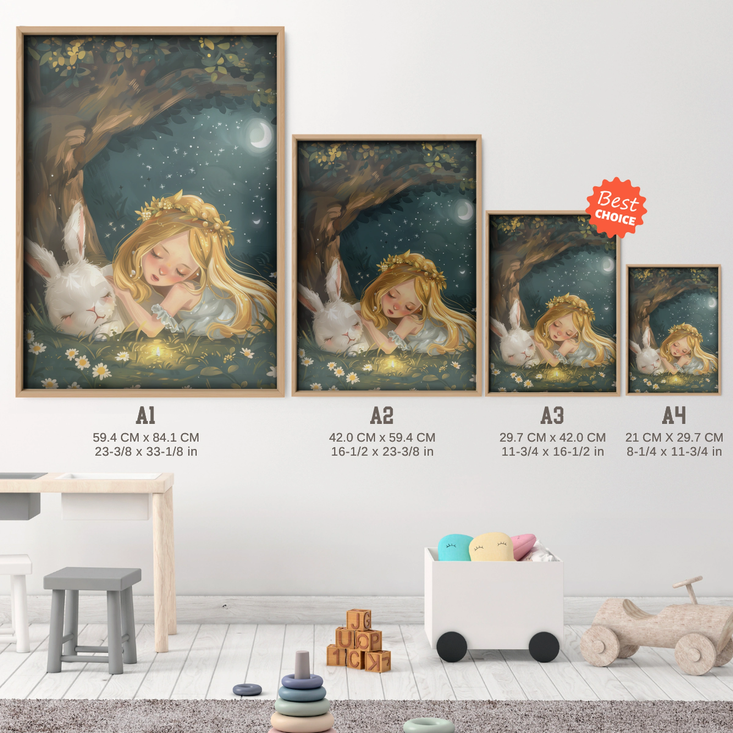 Girl Sleeping with a Bunny Nursery Print - size guide A4 A3 A2 A1 nursery print