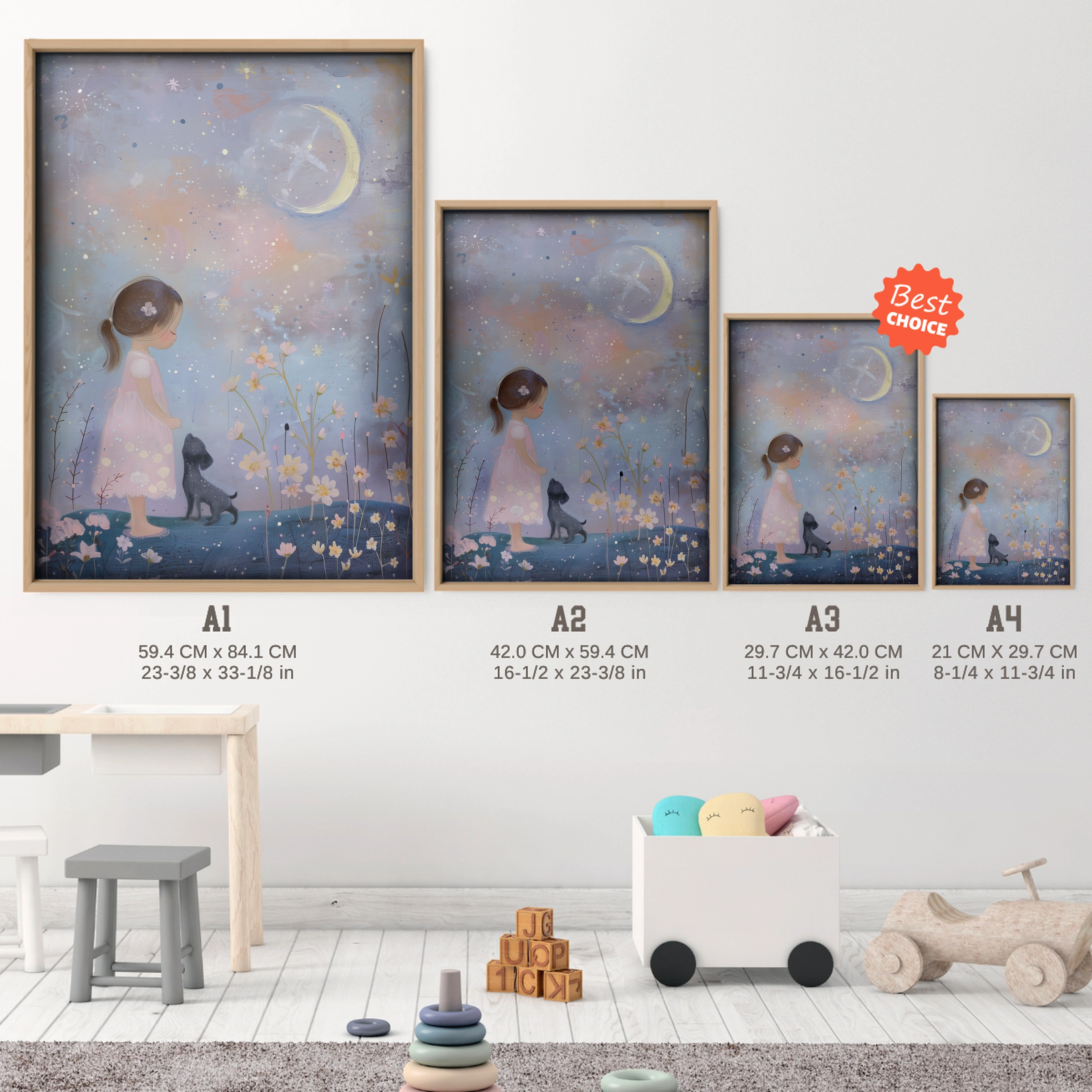 Girl Under the Moon Nursery Print - size guide A4 A3 A2 A1 nursery print