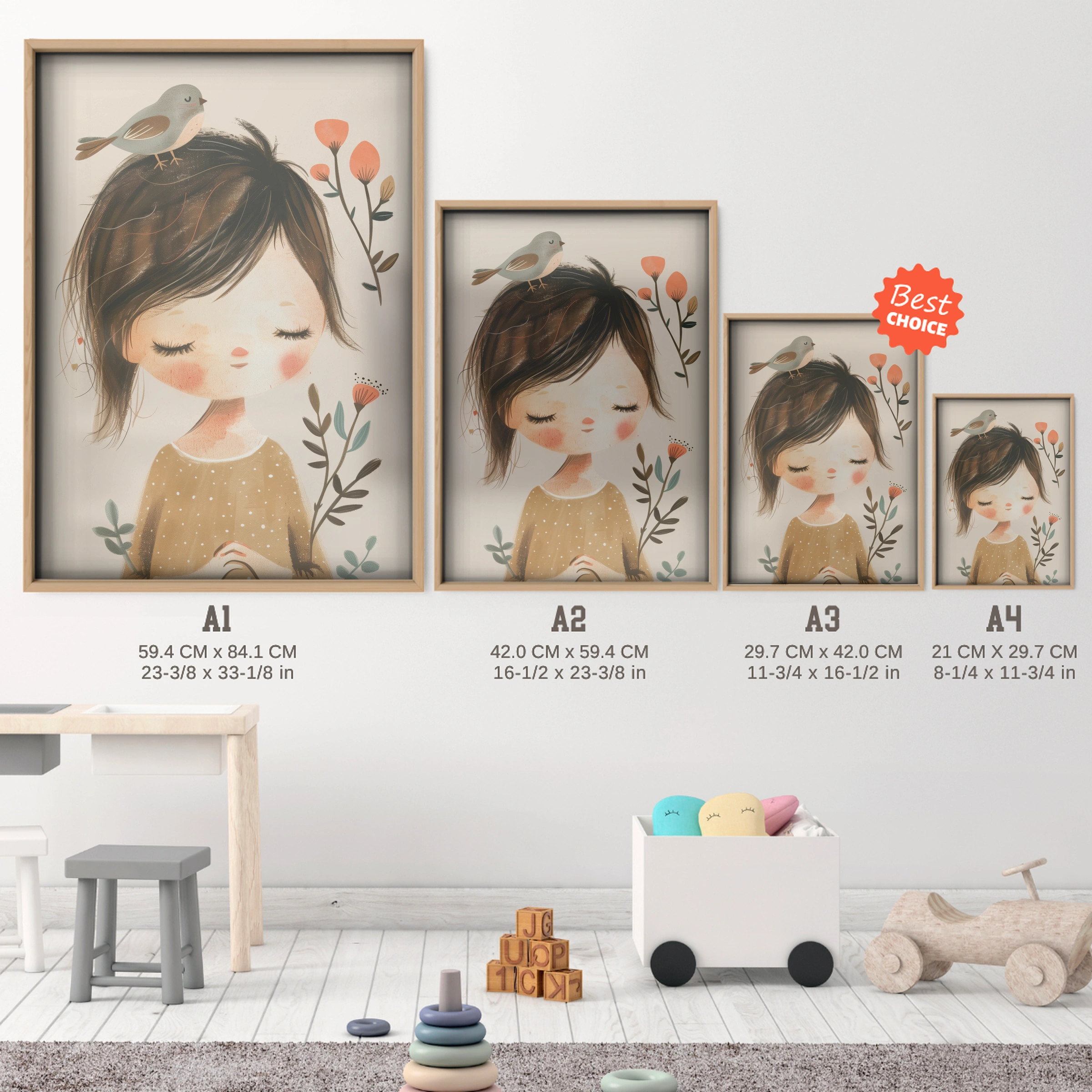 Girl with a Bird Nursery Print - size guide A4 A3 A2 A1 nursery print