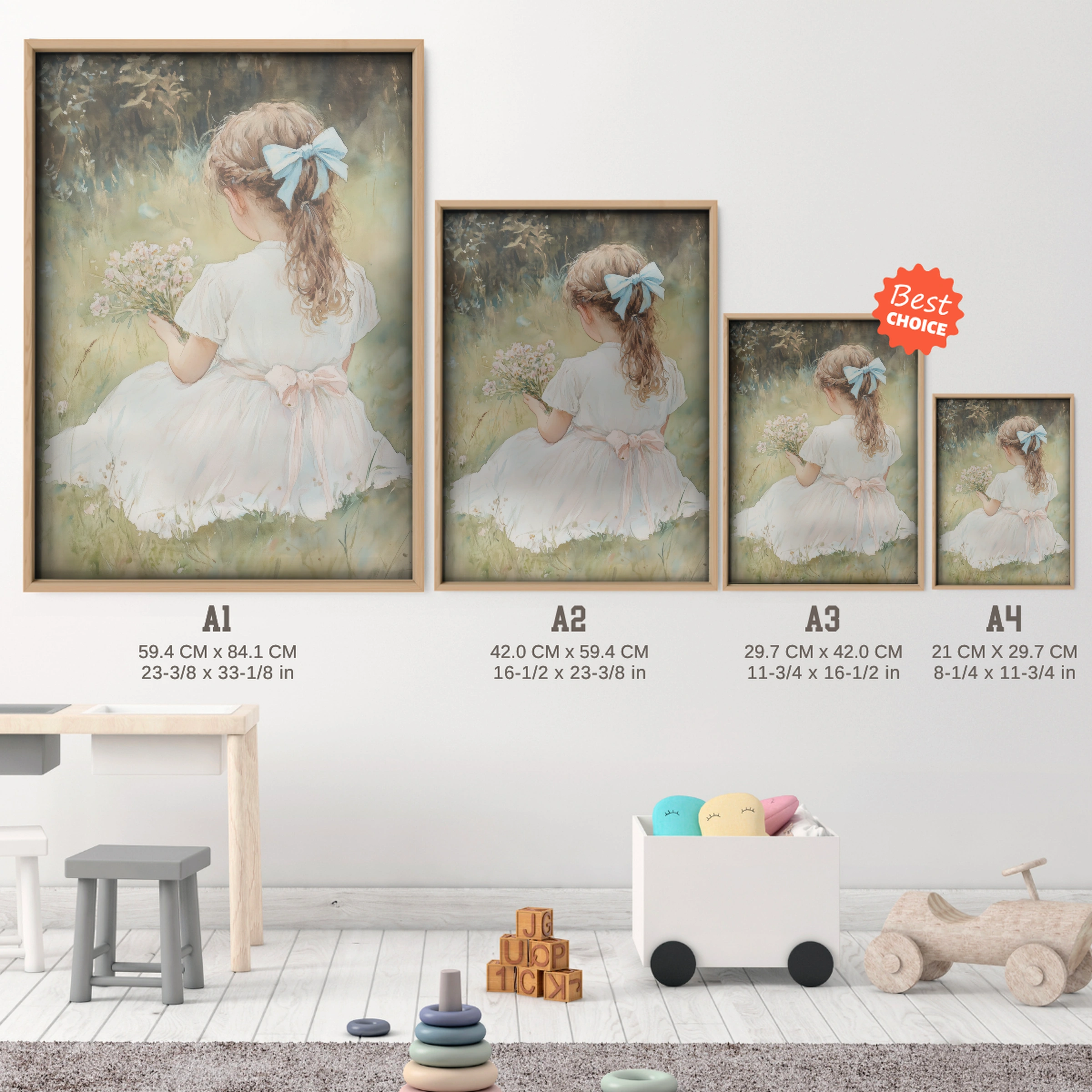 Girl with a Blue Bow Nursery Print - size guide A4 A3 A2 A1 nursery print
