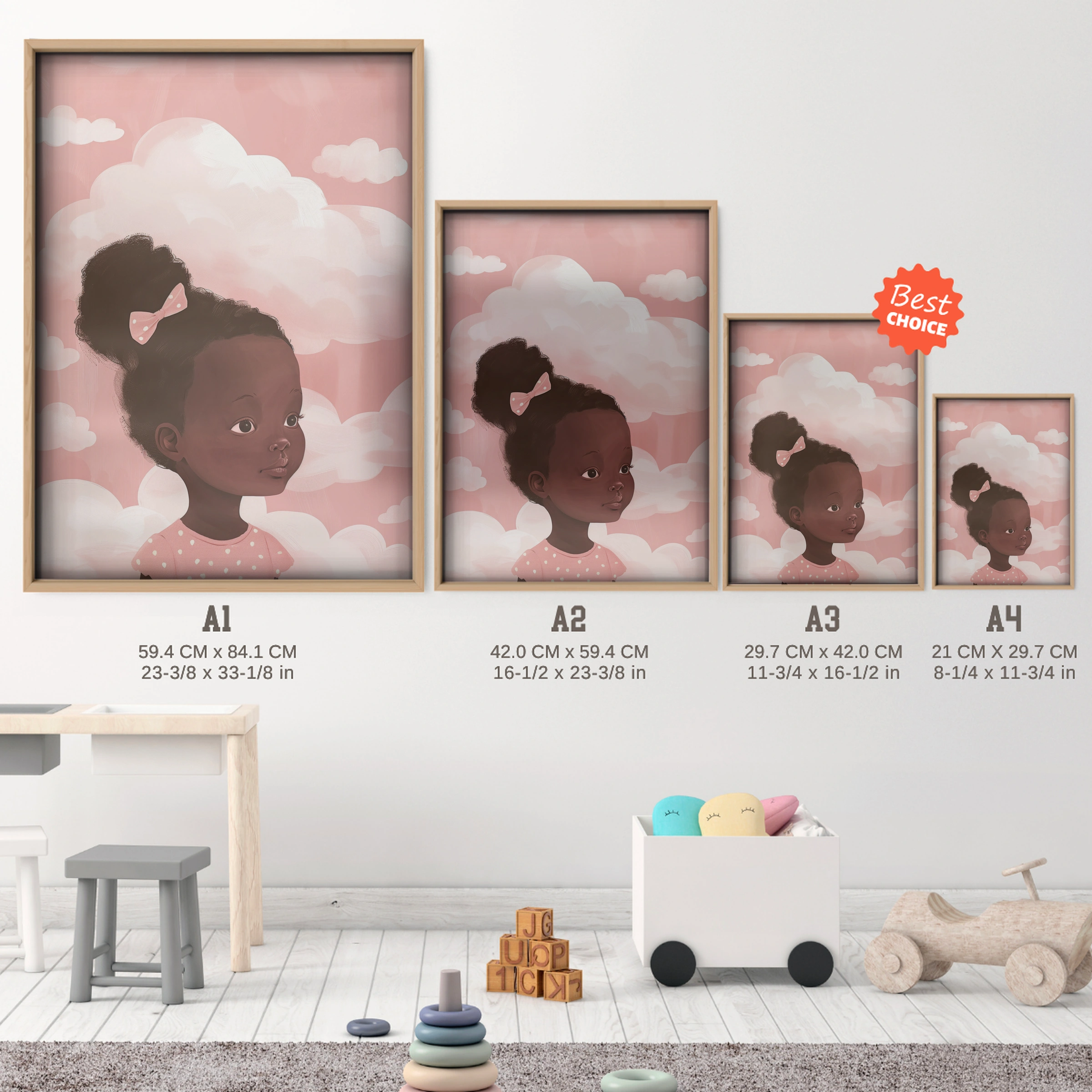 Girl with a Bow Nursery Print - size guide A4 A3 A2 A1 nursery print