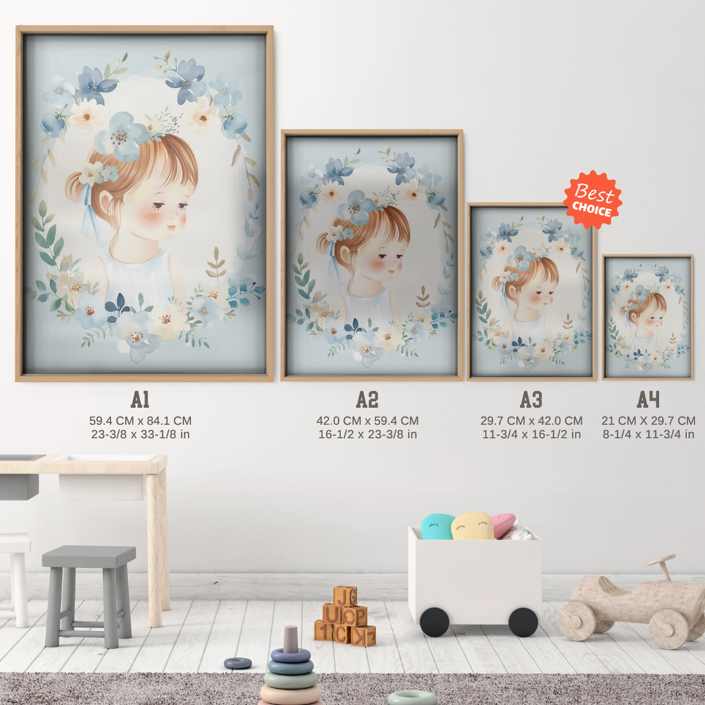 Girl with a Floral Wreath Nursery Print - size guide A4 A3 A2 A1 nursery print