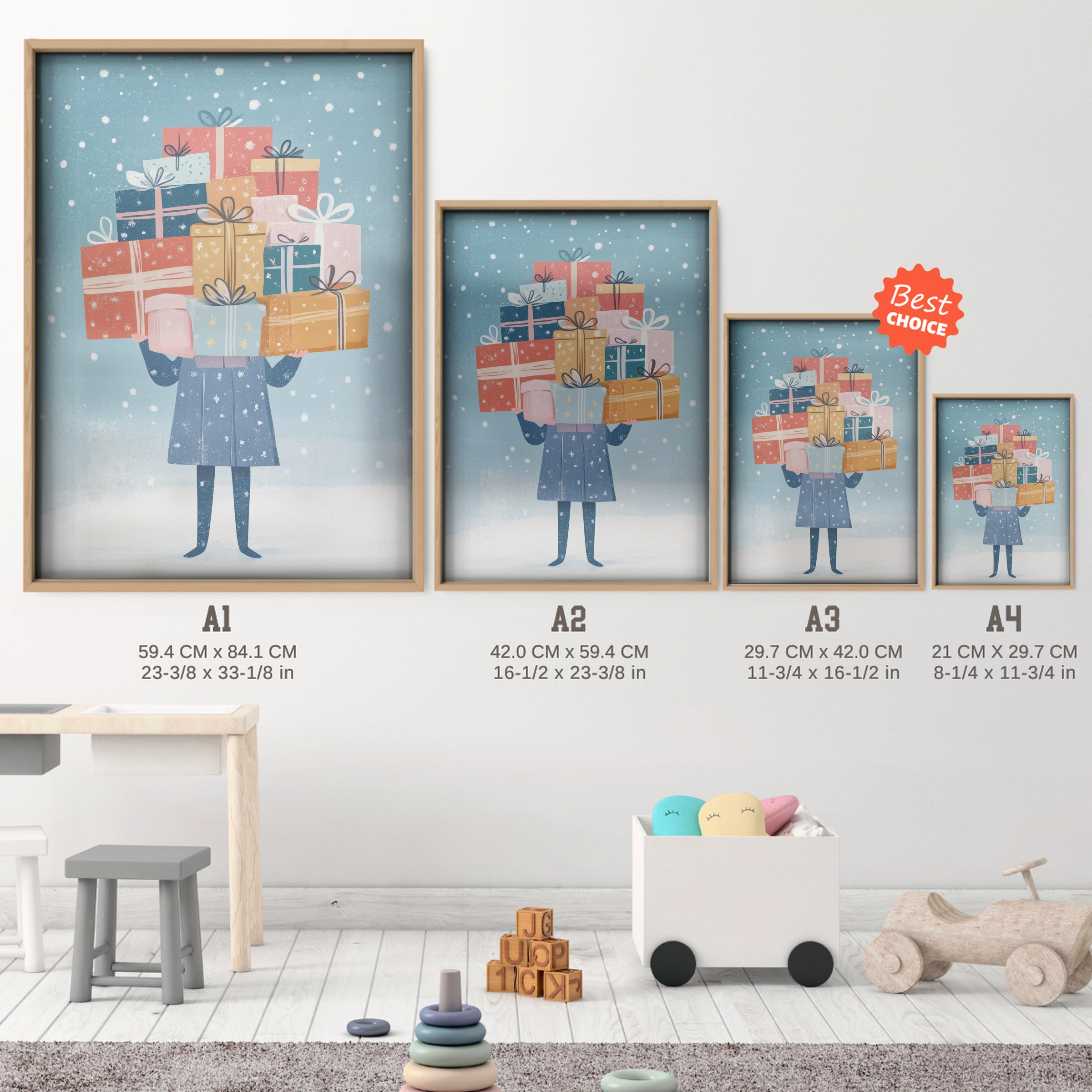 Girl with a Stack of Gifts Christmas Print - size guide A4 A3 A2 A1 nursery print