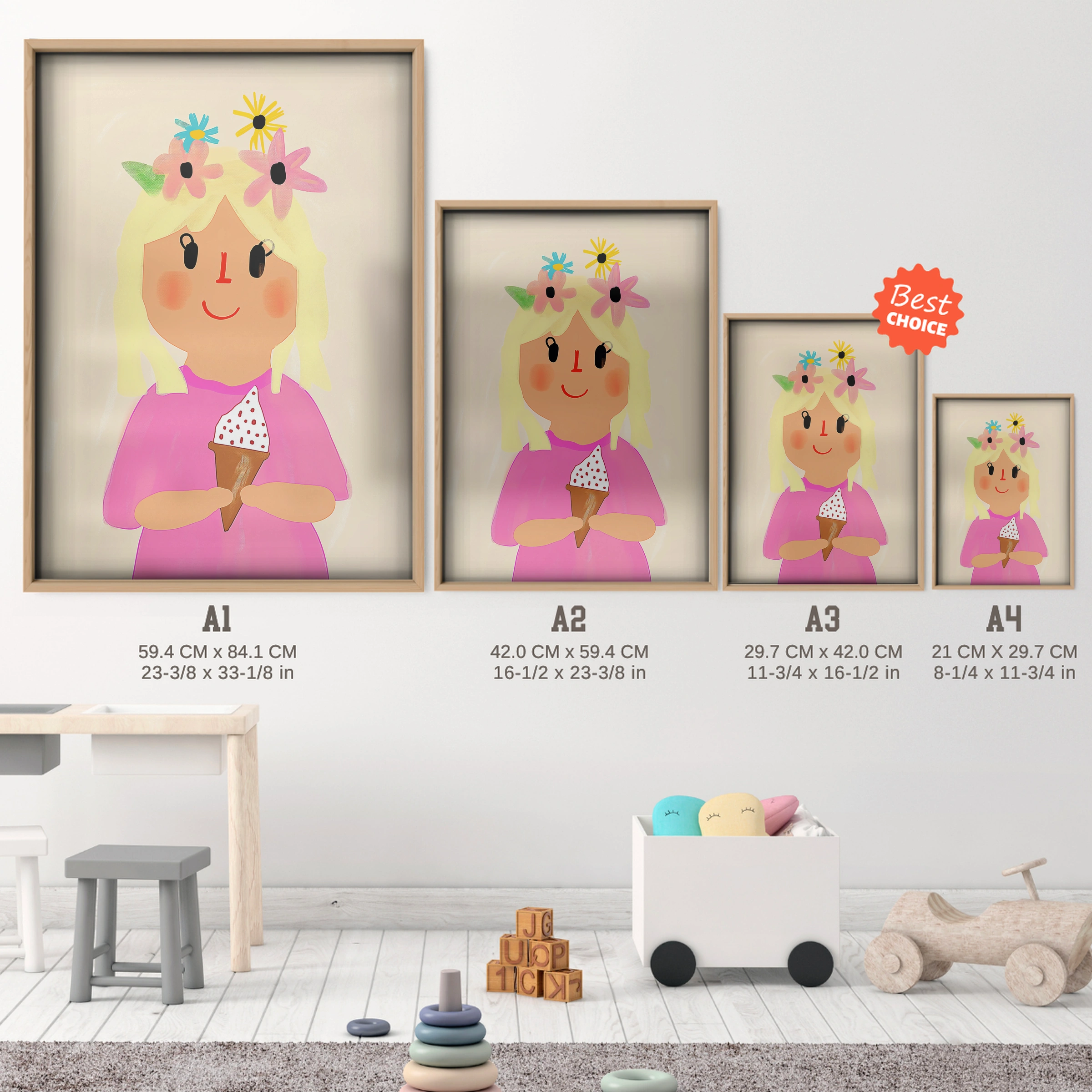 Girl with an Ice Cream Nursery Print - size guide A4 A3 A2 A1 nursery print