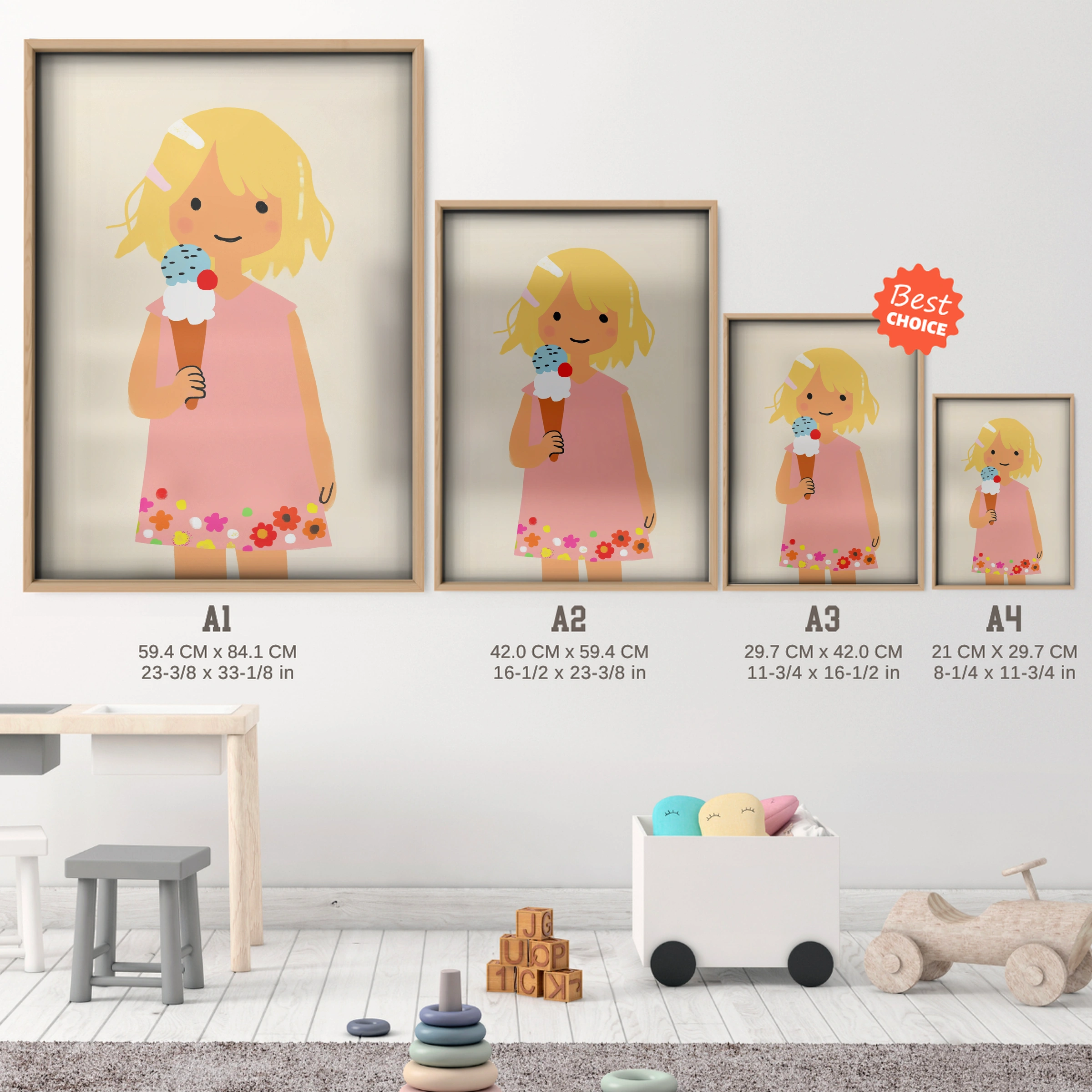 Girl with an Ice Cream Two Nursery Print - size guide A4 A3 A2 A1 nursery print