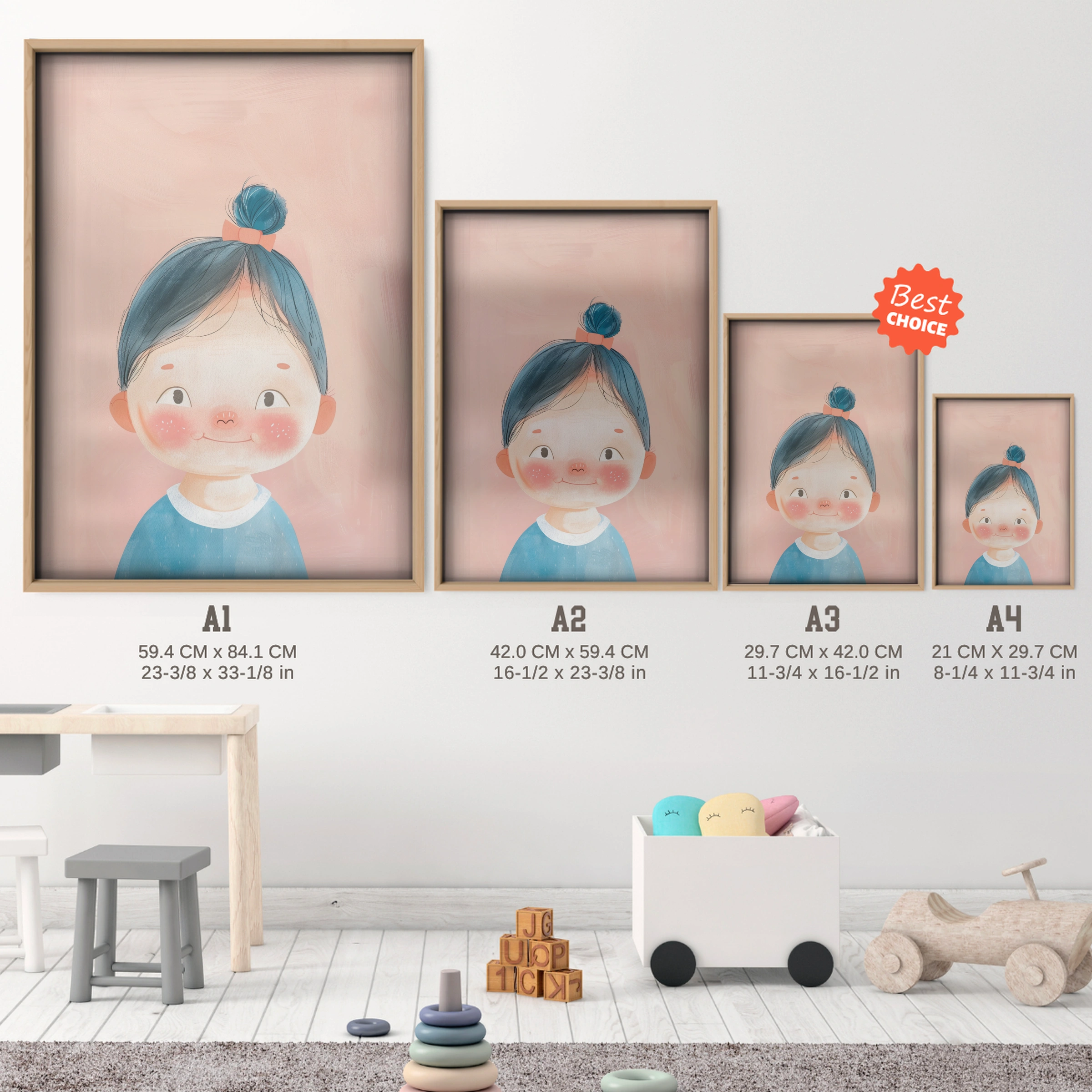 Girl with Blue Hair Nursery Print - size guide A4 A3 A2 A1 nursery print