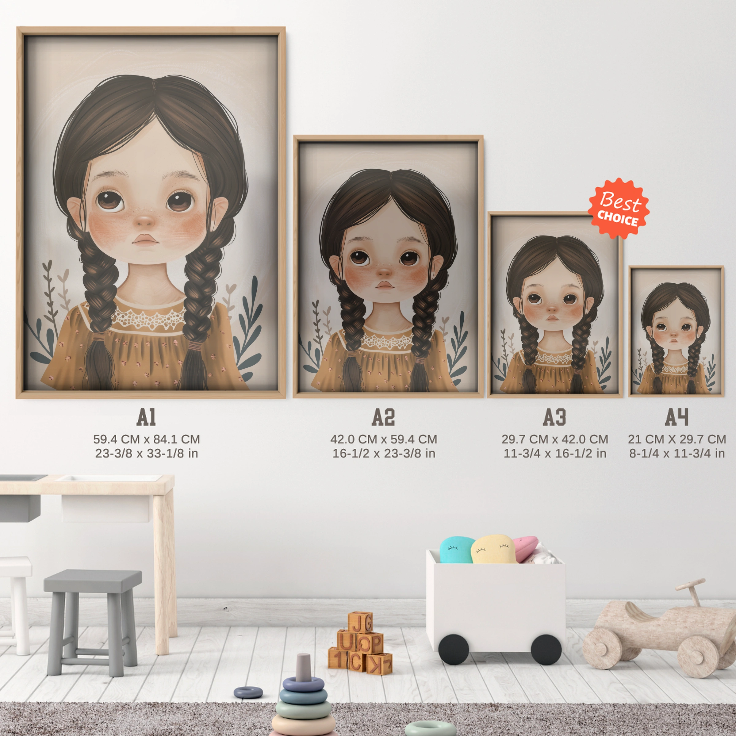 Girl with Braids Nursery Print - size guide A4 A3 A2 A1 nursery print