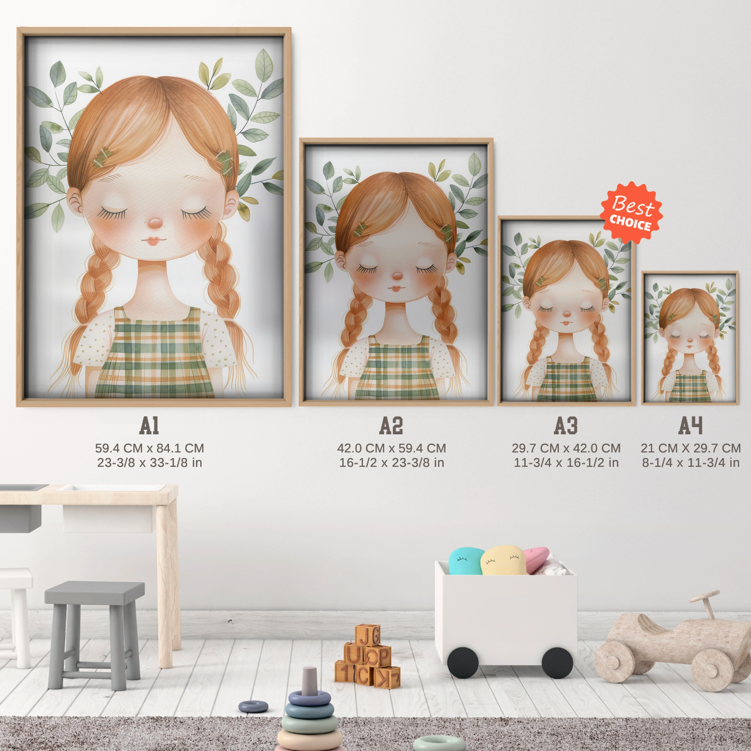 Girl with Braids Two Nursery Print - size guide A4 A3 A2 A1 nursery print