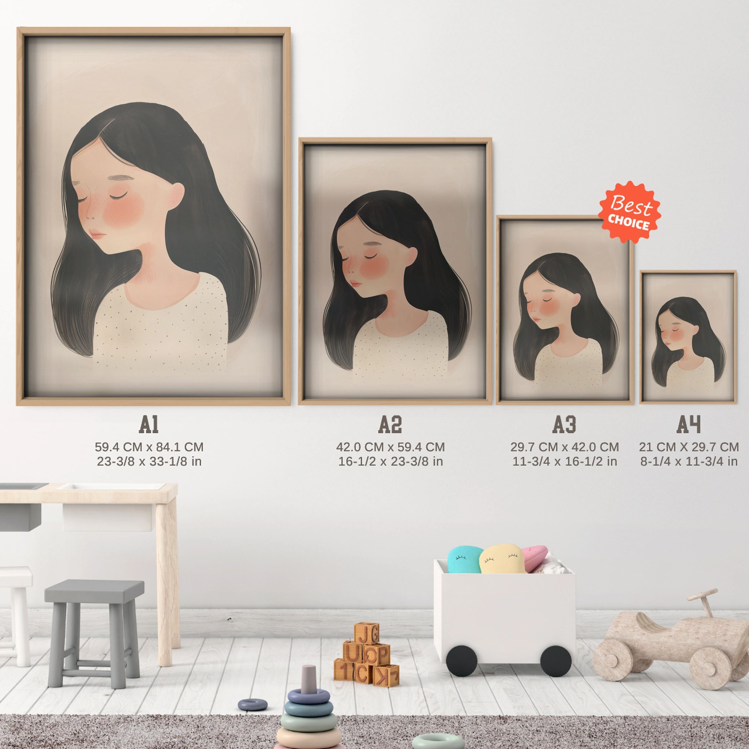 Girl with Dark Hair Nursery Print - size guide A4 A3 A2 A1 nursery print