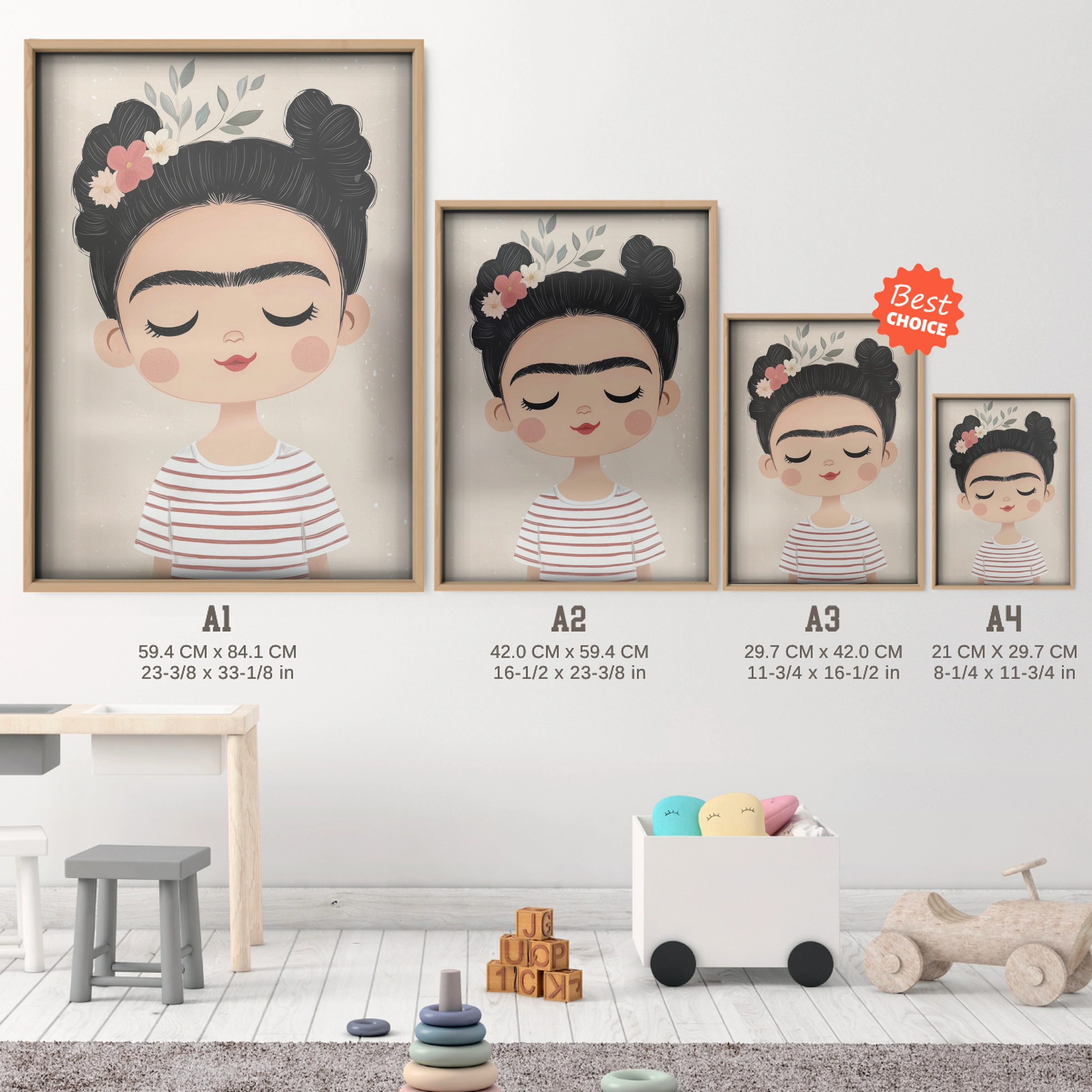 Girl with Flowers Nursery Print - size guide A4 A3 A2 A1 nursery print
