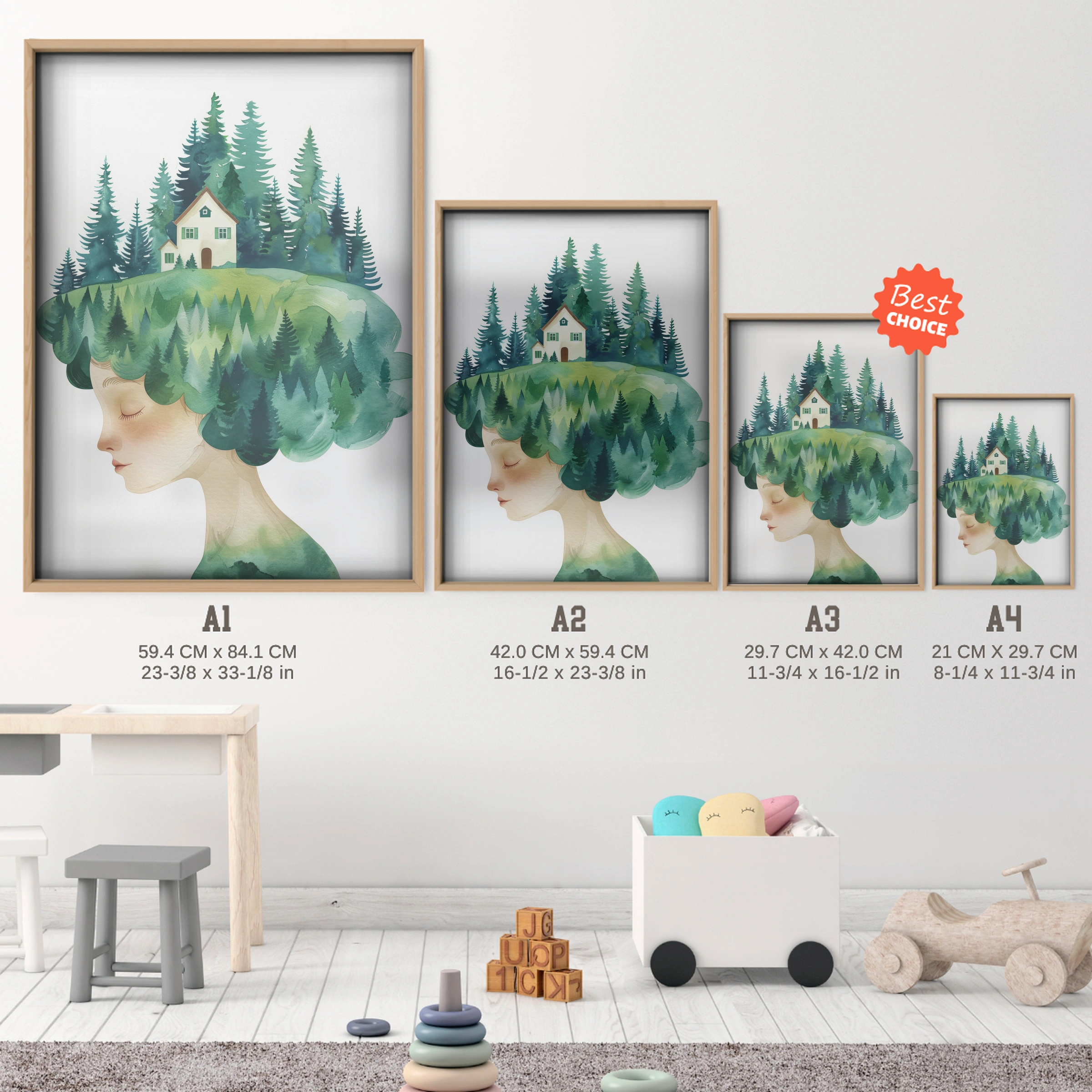 Girl with Forest Hair Nursery Print - size guide A4 A3 A2 A1 nursery print