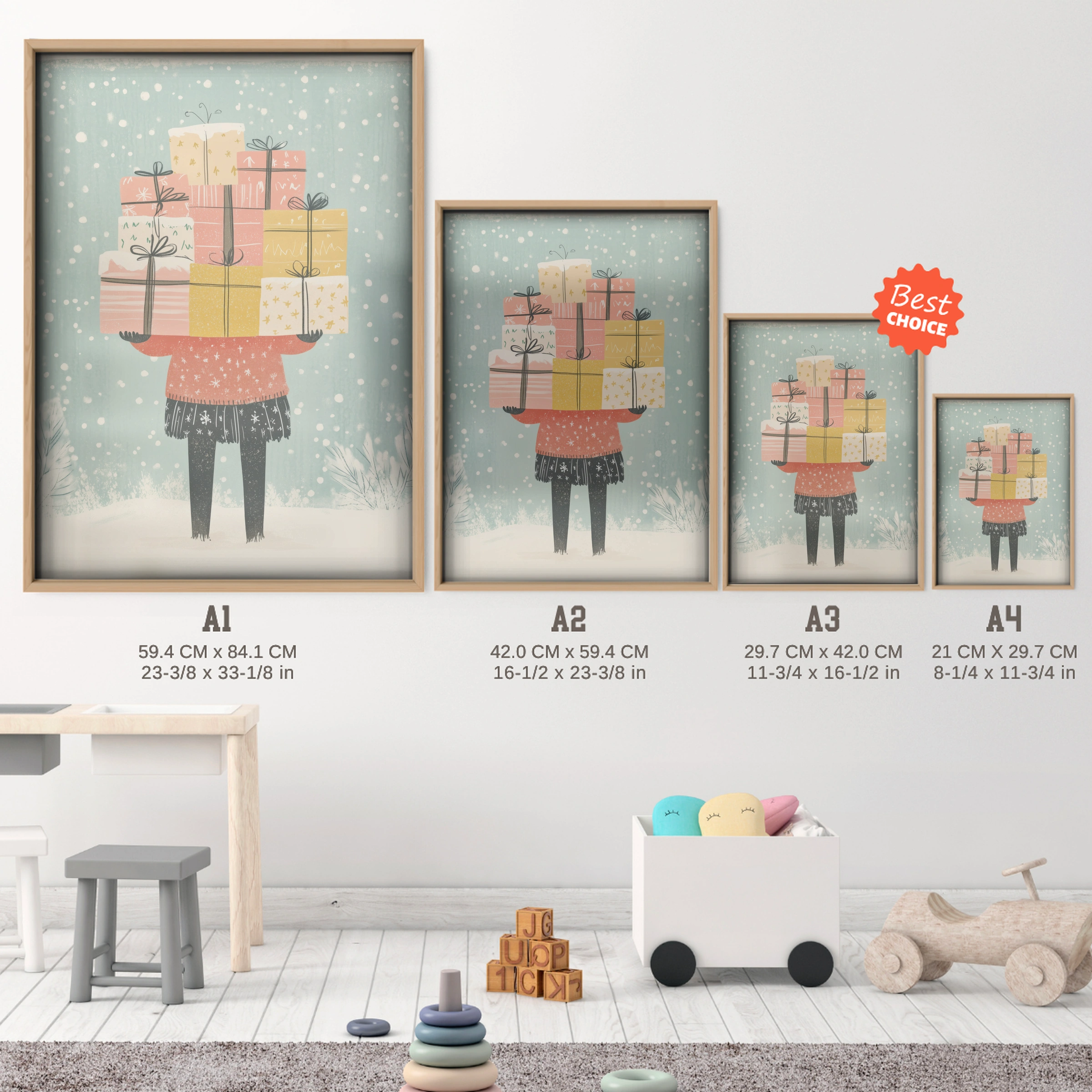Girl with Gifts Christmas Print - size guide A4 A3 A2 A1 nursery print