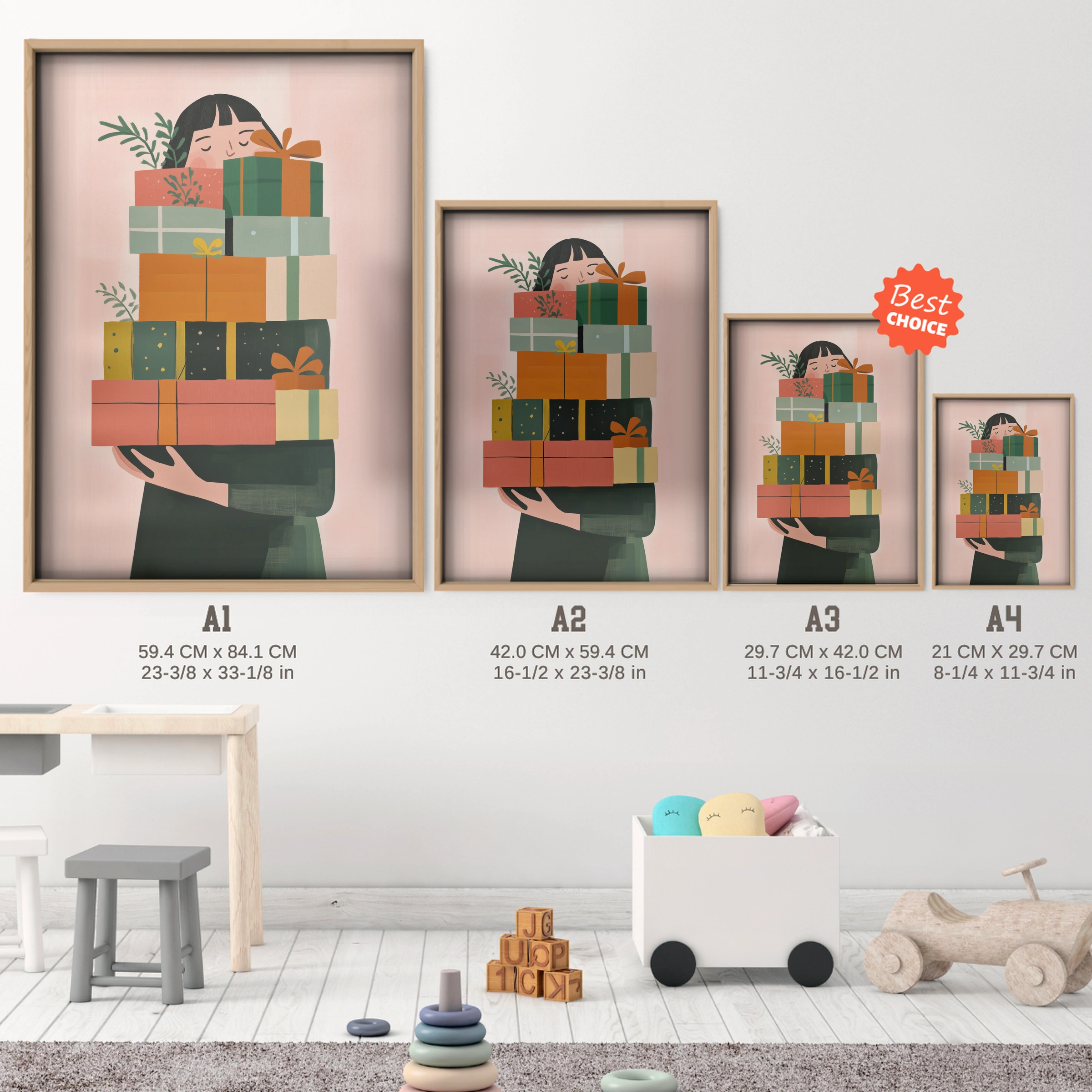 Girl with Gifts Two Christmas Print - size guide A4 A3 A2 A1 nursery print