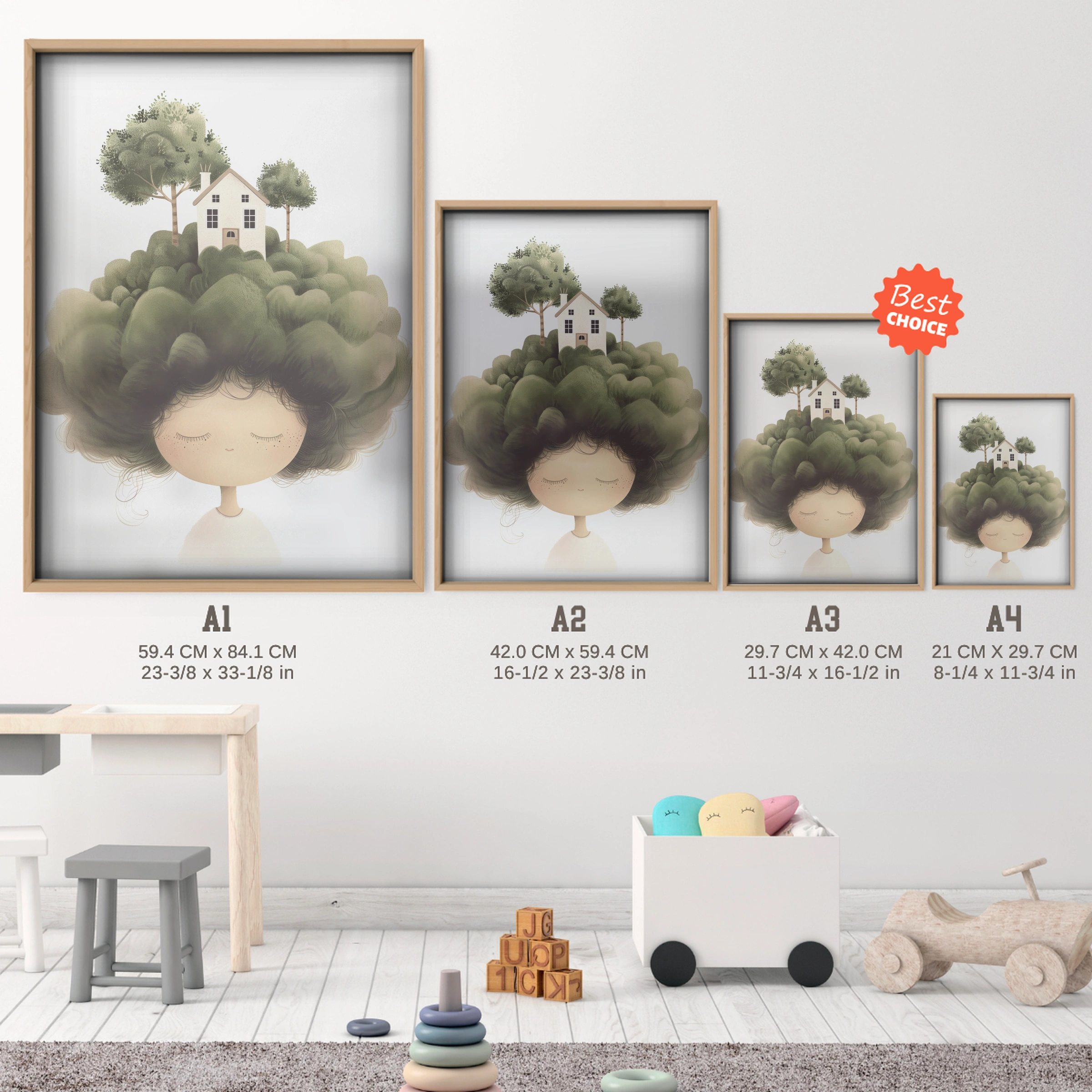 Girl with Tree Hair Nursery Print - size guide A4 A3 A2 A1 nursery print