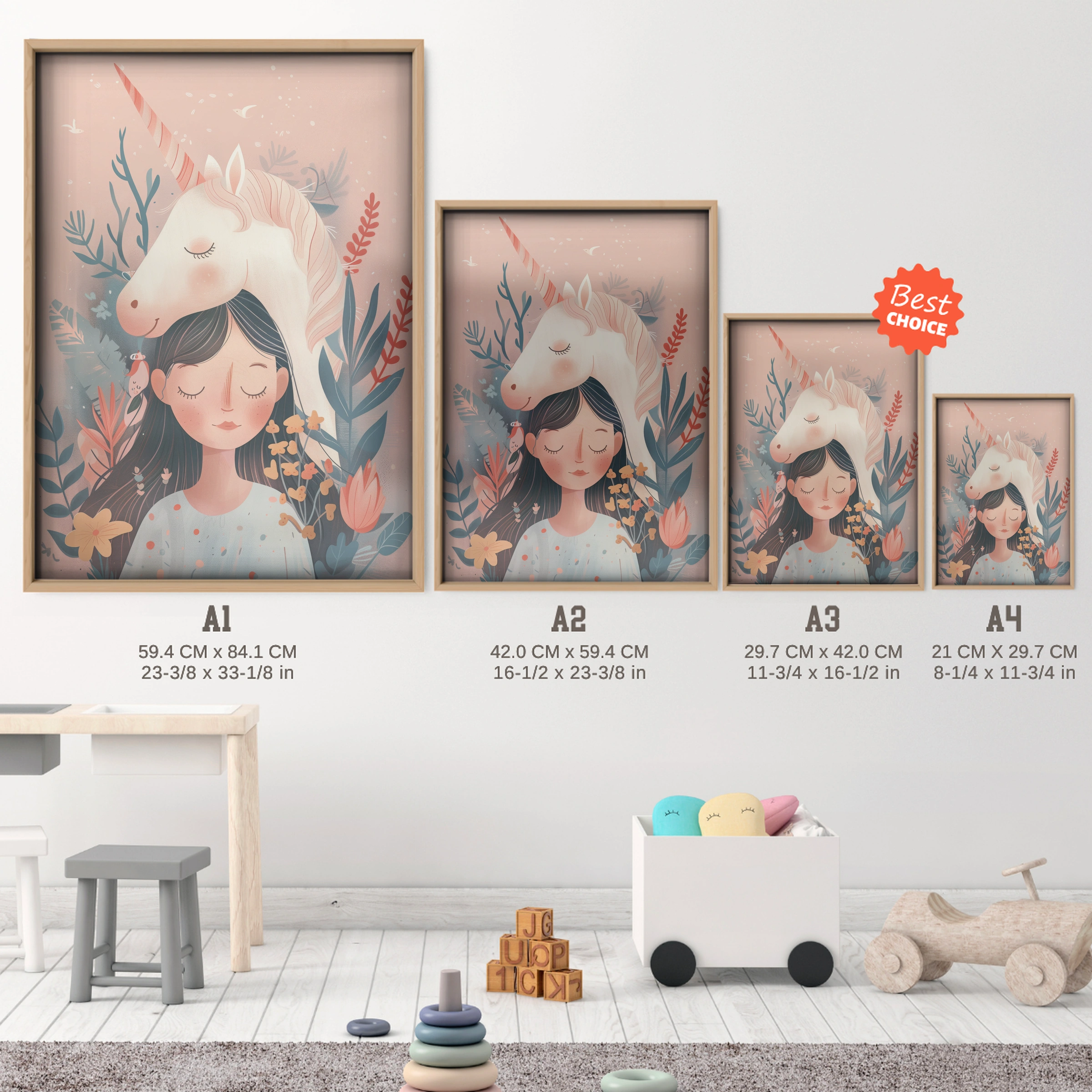 Girl with Unicorn Hair Nursery Print - size guide A4 A3 A2 A1 nursery print