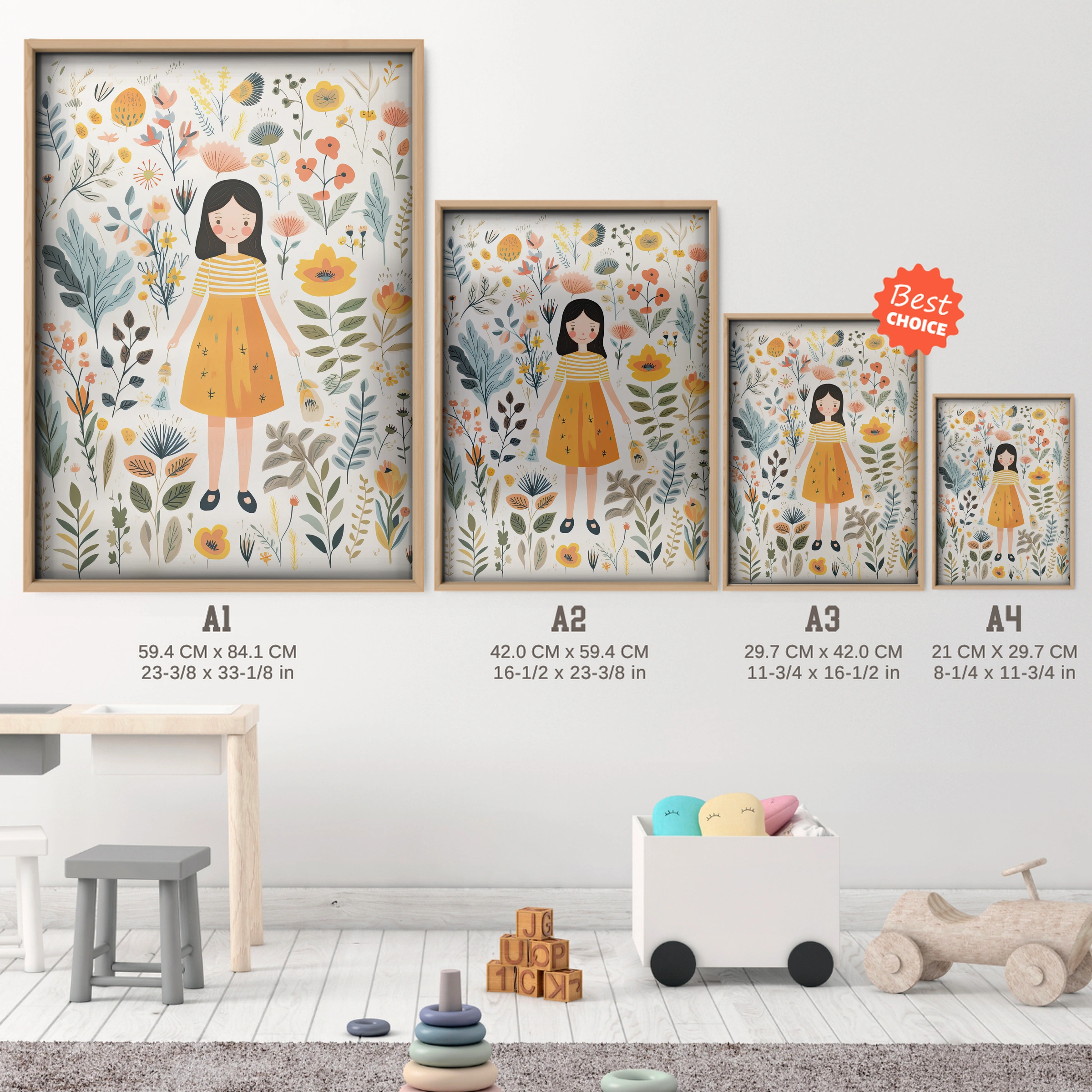 Girl With Wildflowers Nursery Print - size guide A4 A3 A2 A1 nursery print