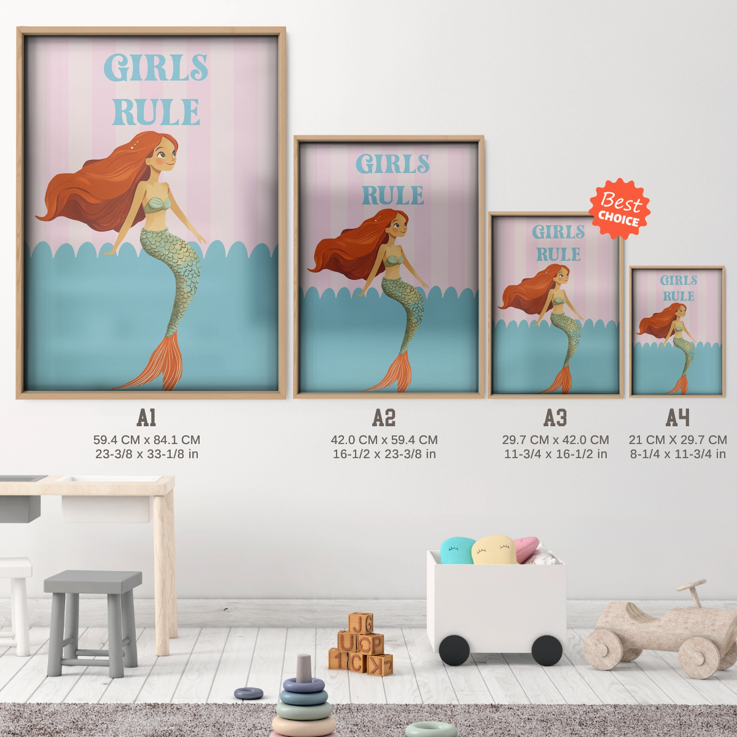 Girls Rule Mermaid Nursery Print - size guide A4 A3 A2 A1 nursery print