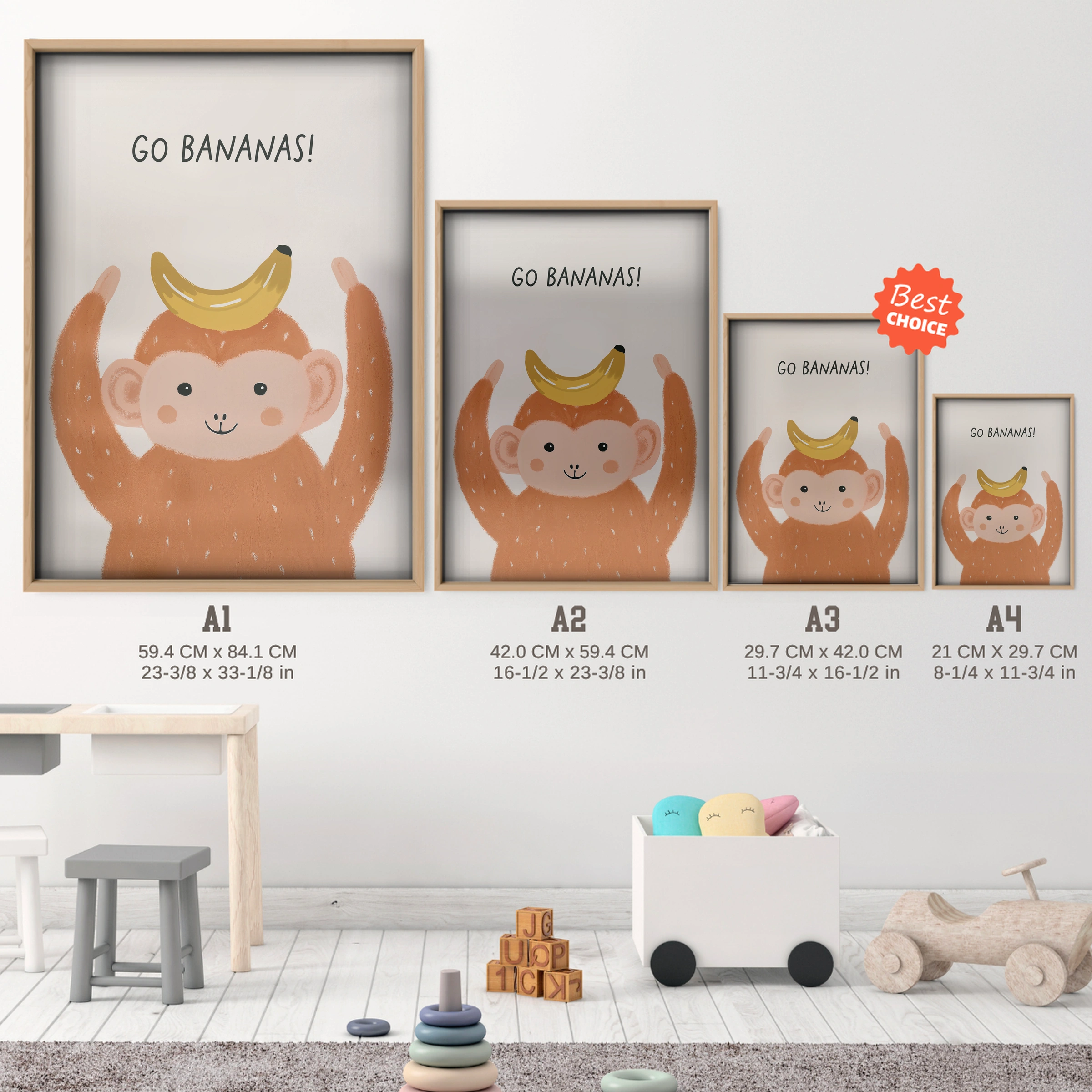 Go Bananas Monkey Nursery Print - size guide A4 A3 A2 A1 nursery print