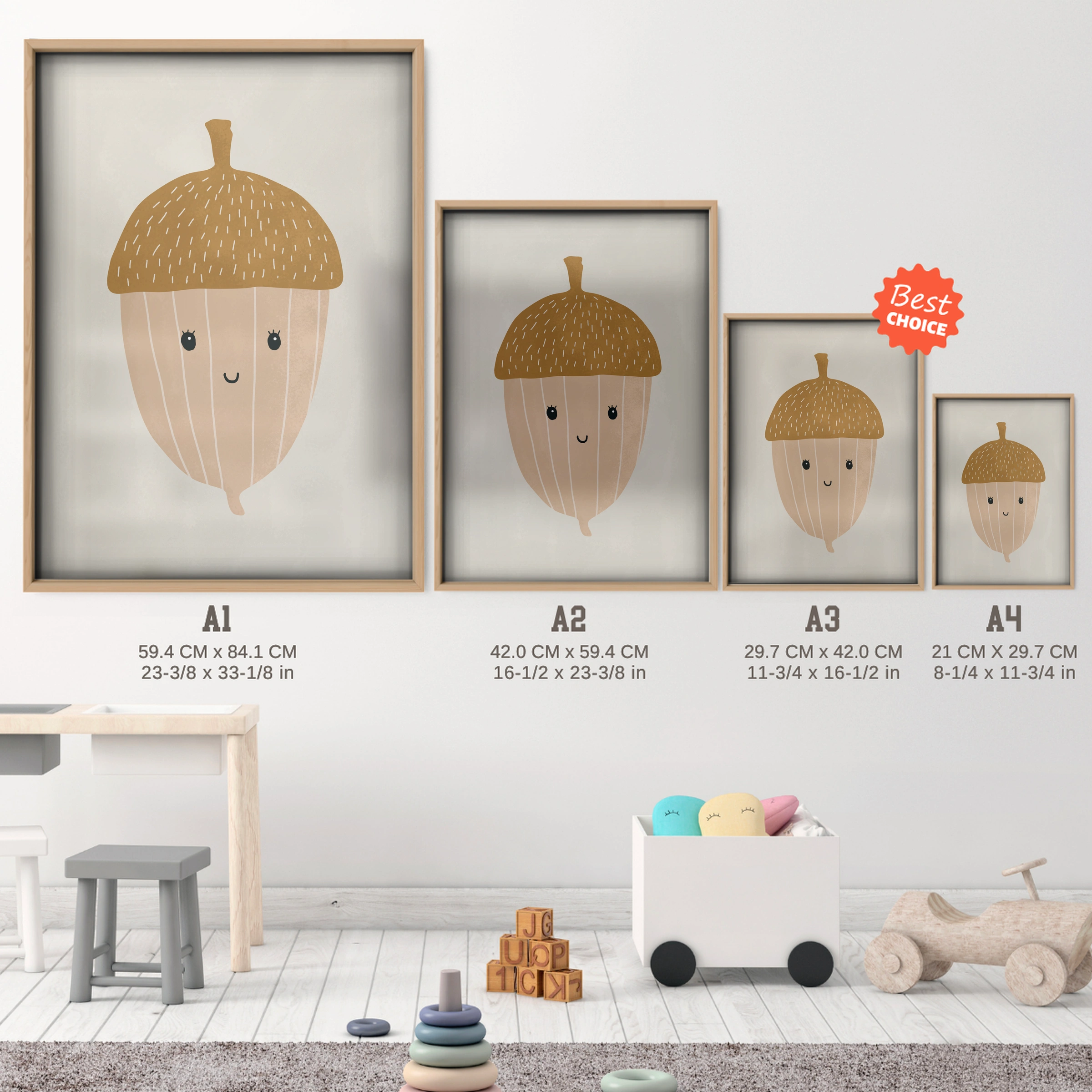 Golden Acorn Nursery Print - size guide A4 A3 A2 A1 nursery print