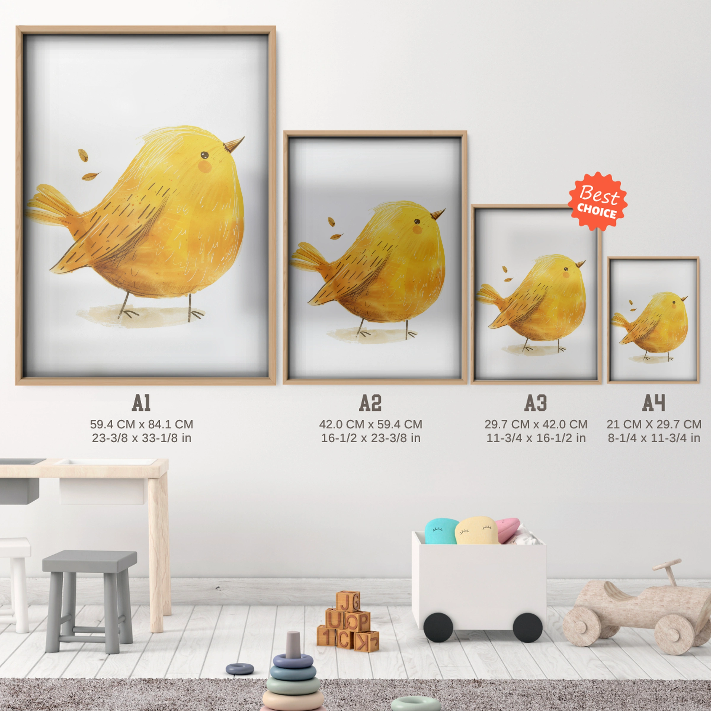 Golden Bird Nursery Print - size guide A4 A3 A2 A1 nursery print