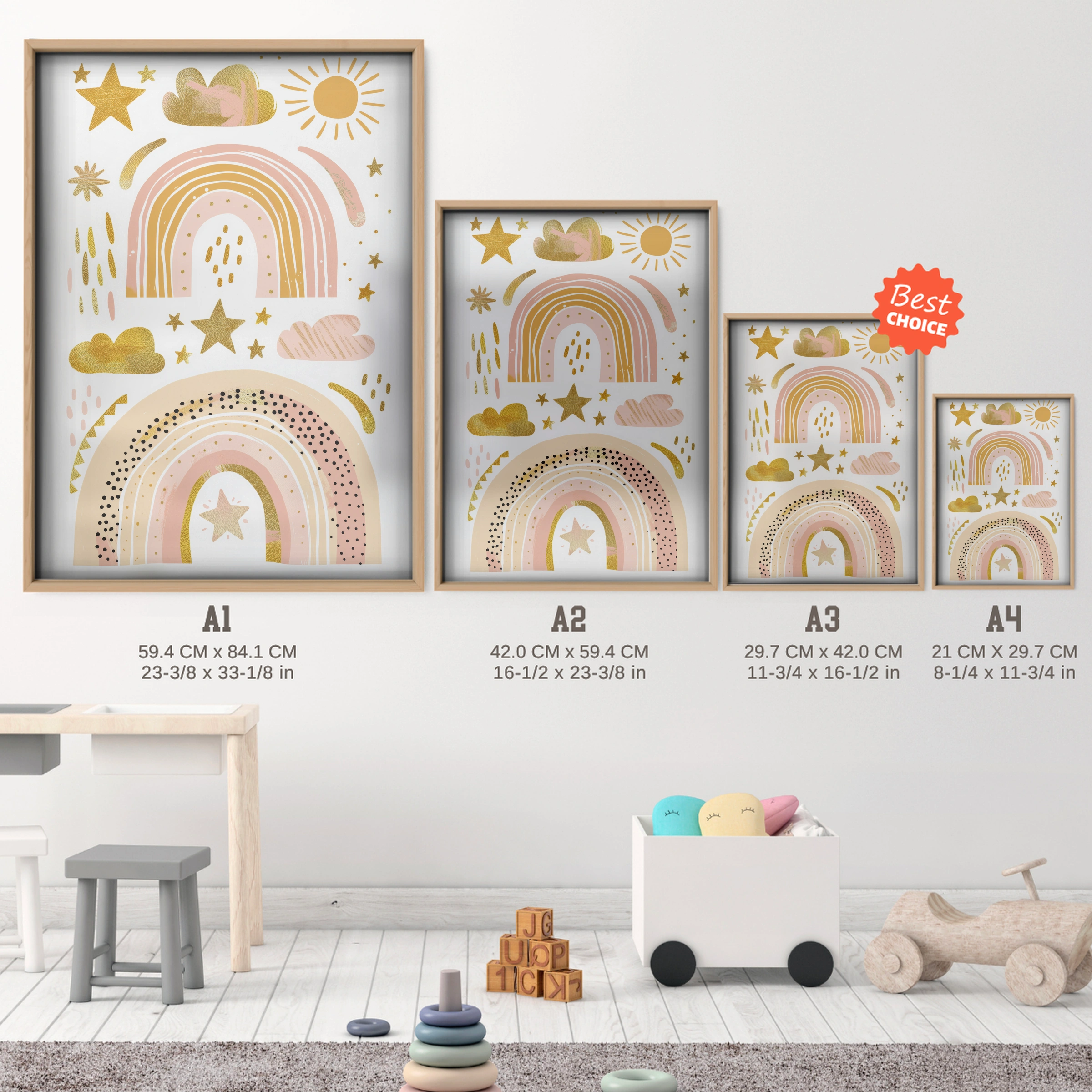 Golden Boho Rainbows Nursery Print - size guide A4 A3 A2 A1 nursery print