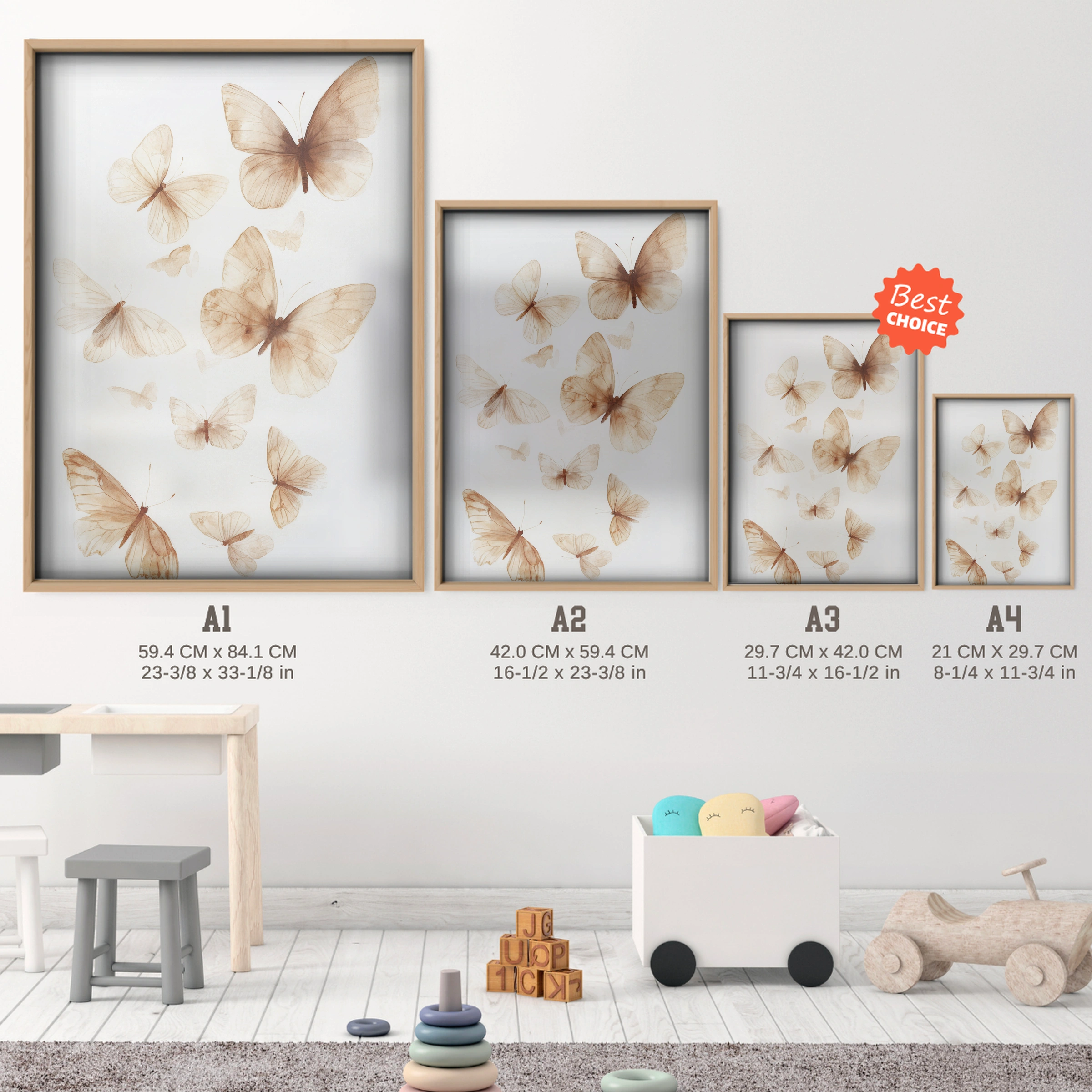 Golden Butterflies Nursery Print - size guide A4 A3 A2 A1 nursery print