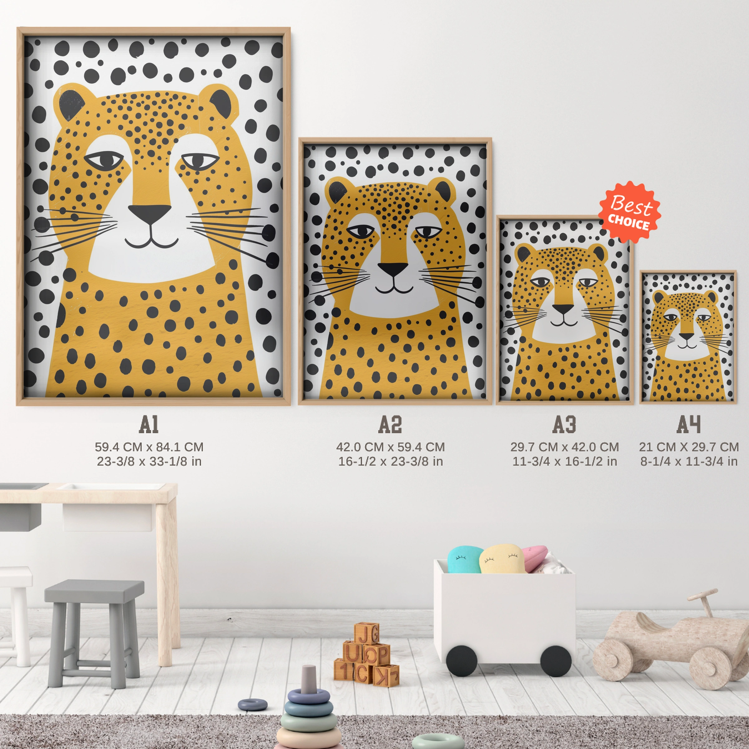 Golden Cheetah Nursery Print - size guide A4 A3 A2 A1 nursery print