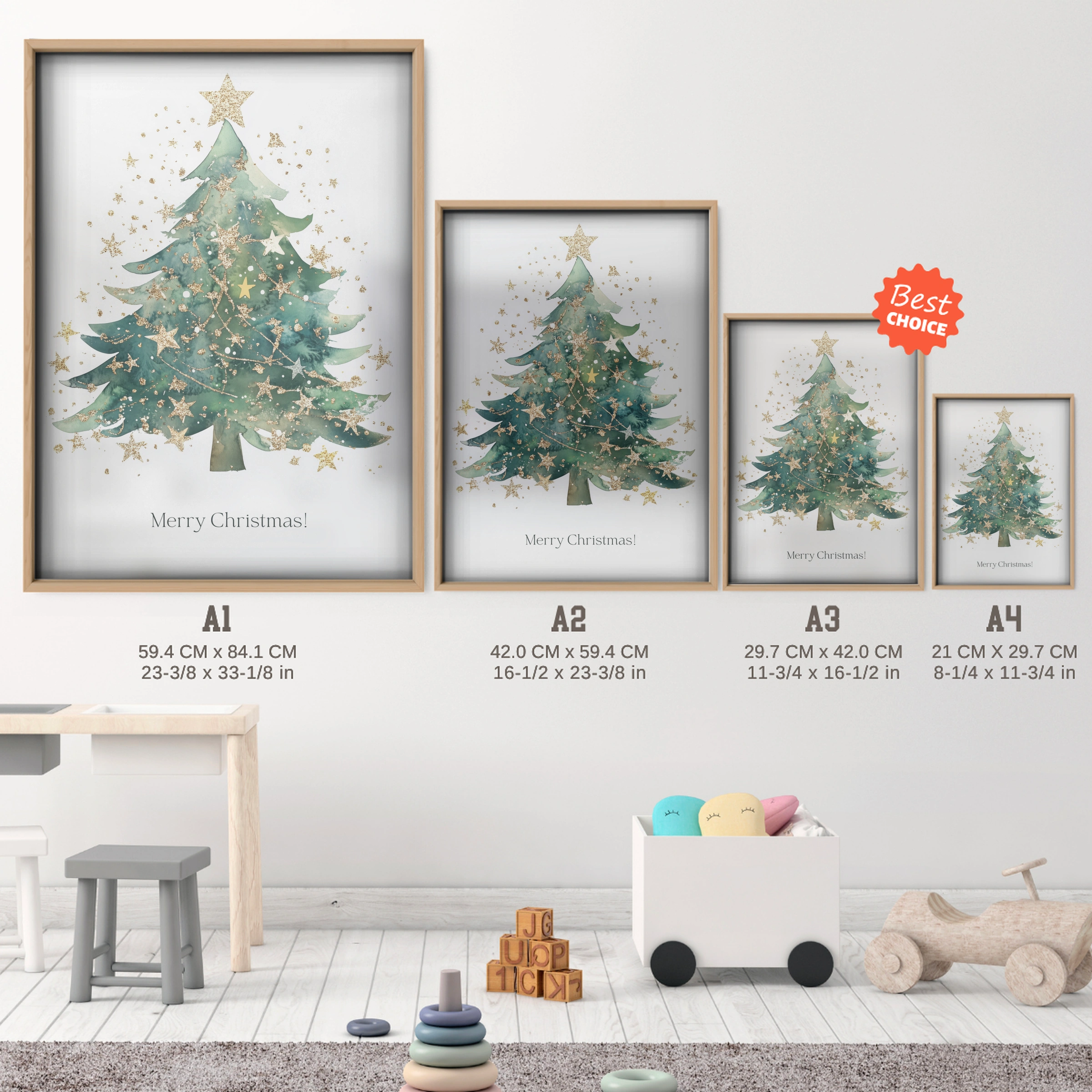 Golden Christmas Tree Print - size guide A4 A3 A2 A1 nursery print
