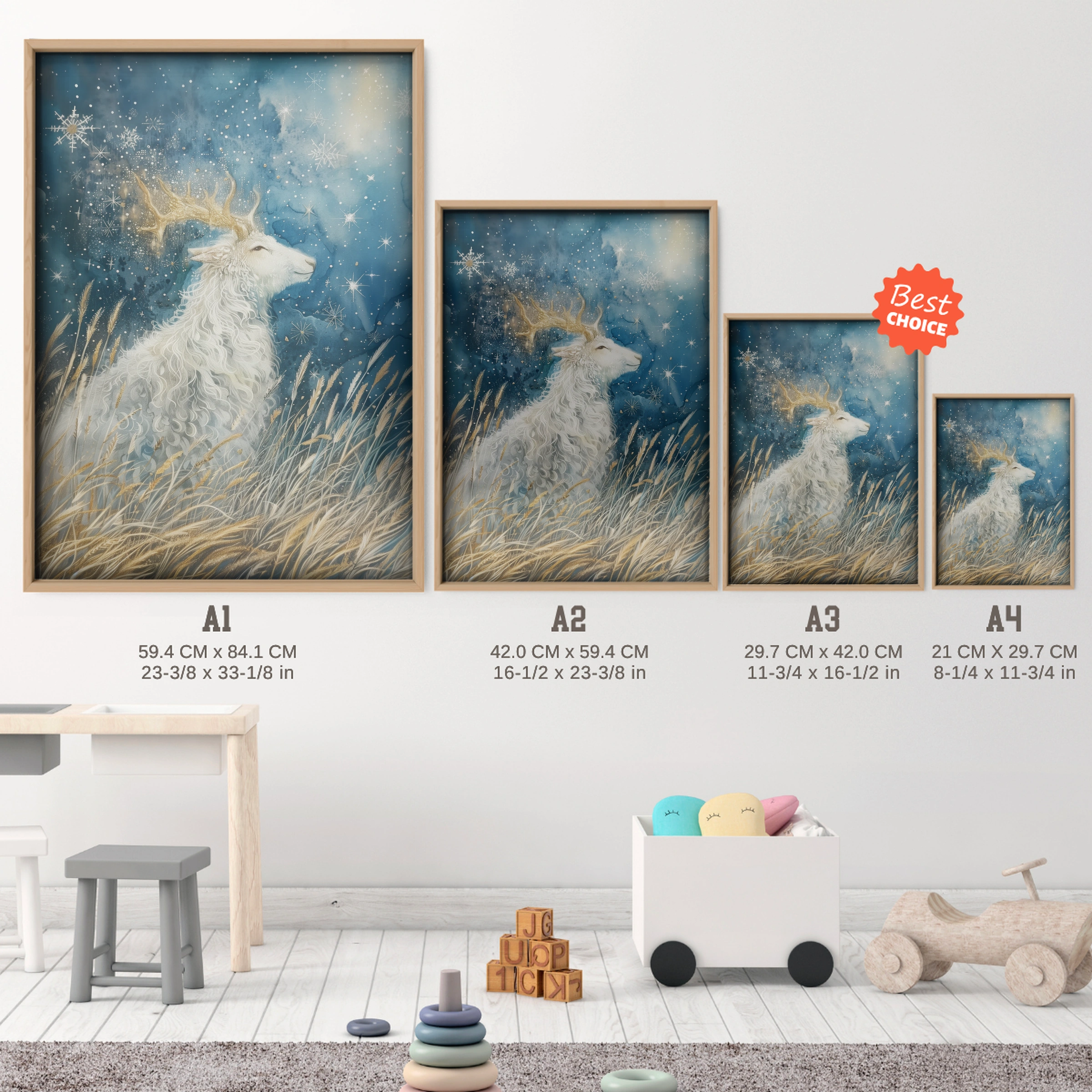 Golden Deer at Night Nursery Print - size guide A4 A3 A2 A1 nursery print