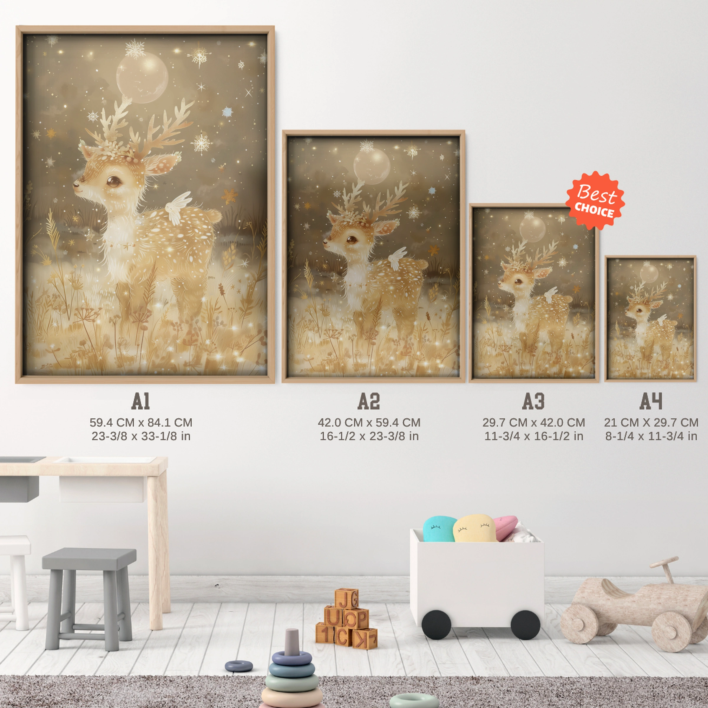Golden Fawn Nursery Print - size guide A4 A3 A2 A1 nursery print