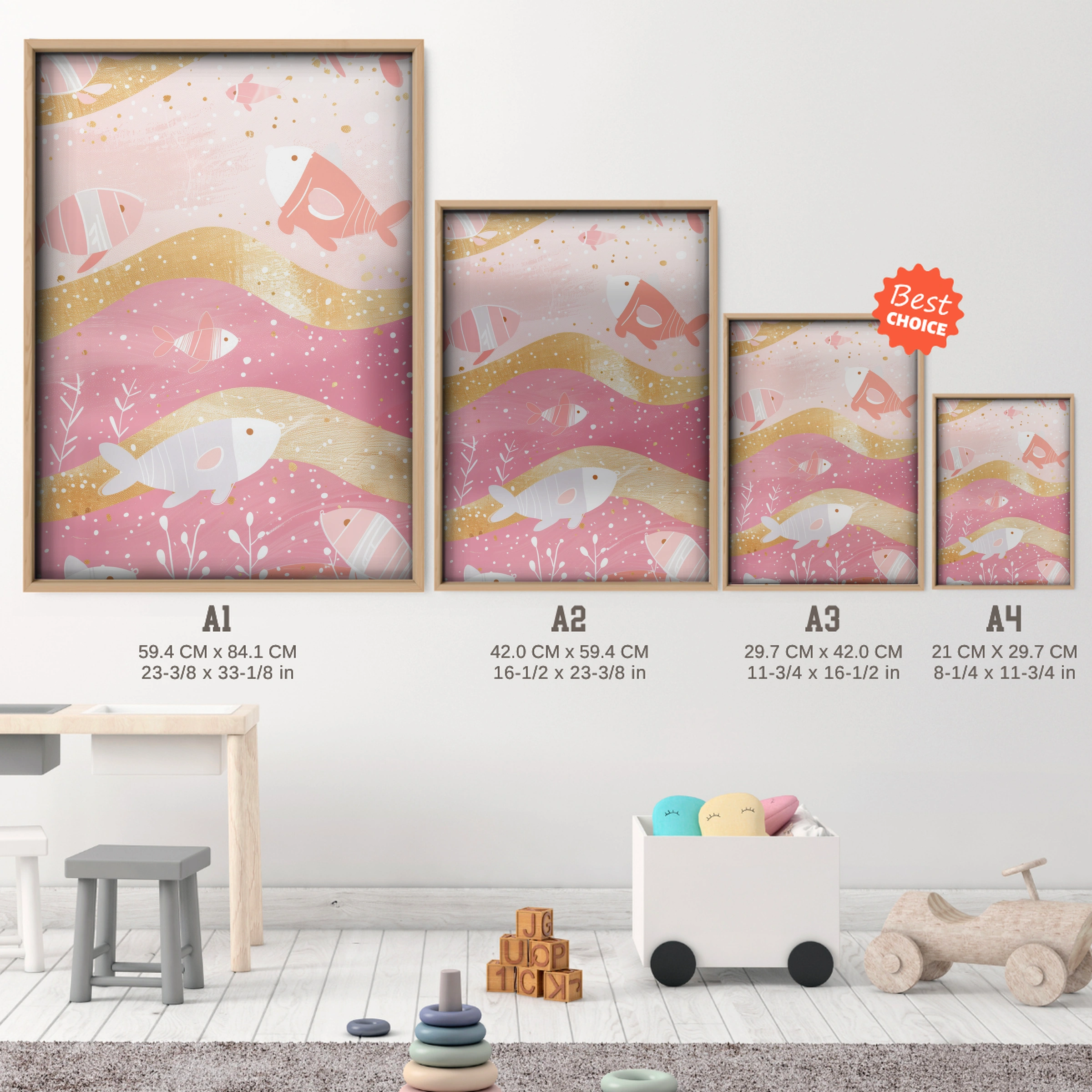 Golden Fish Waves Nursery Print - size guide A4 A3 A2 A1 nursery print