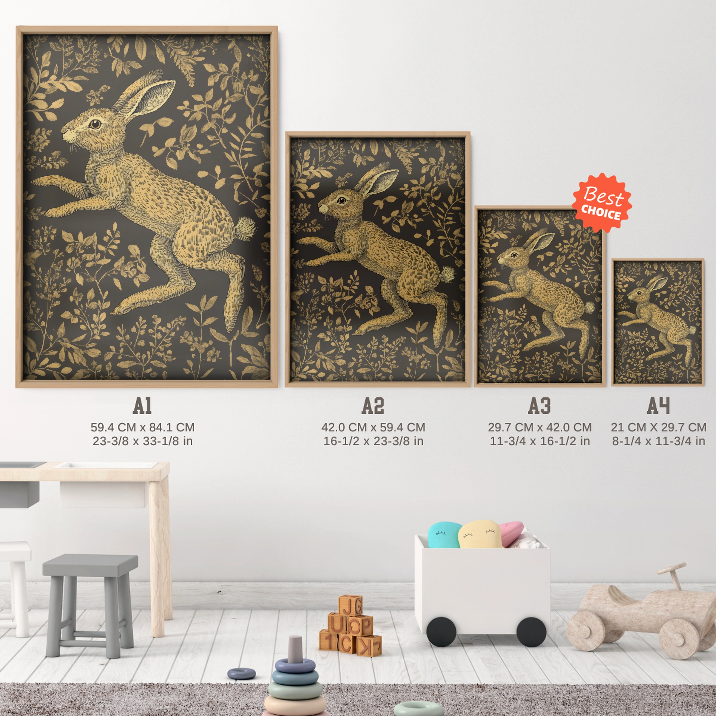 Golden Hare Nursery Print - size guide A4 A3 A2 A1 nursery print