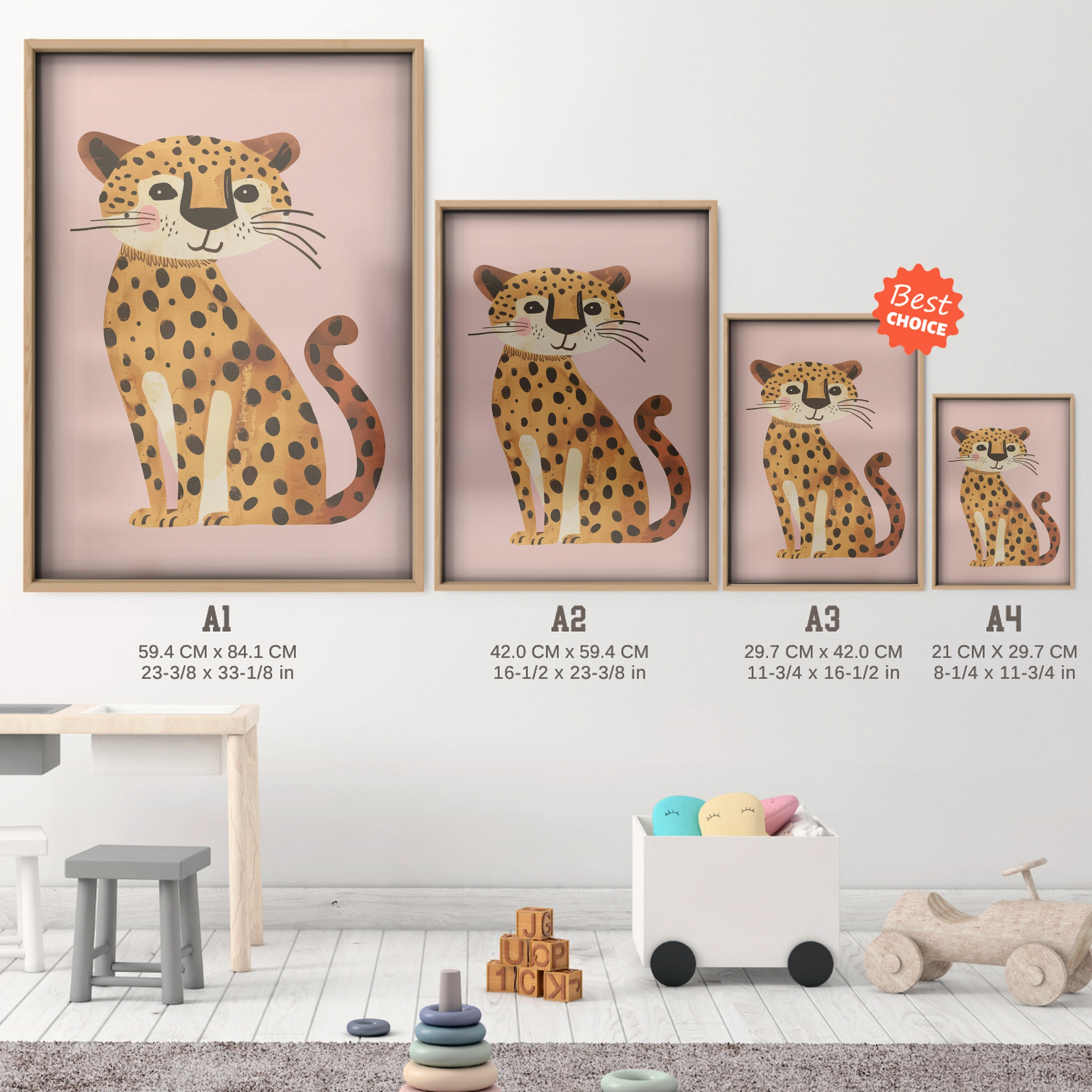 Golden Leopard Nursery Print - size guide A4 A3 A2 A1 nursery print