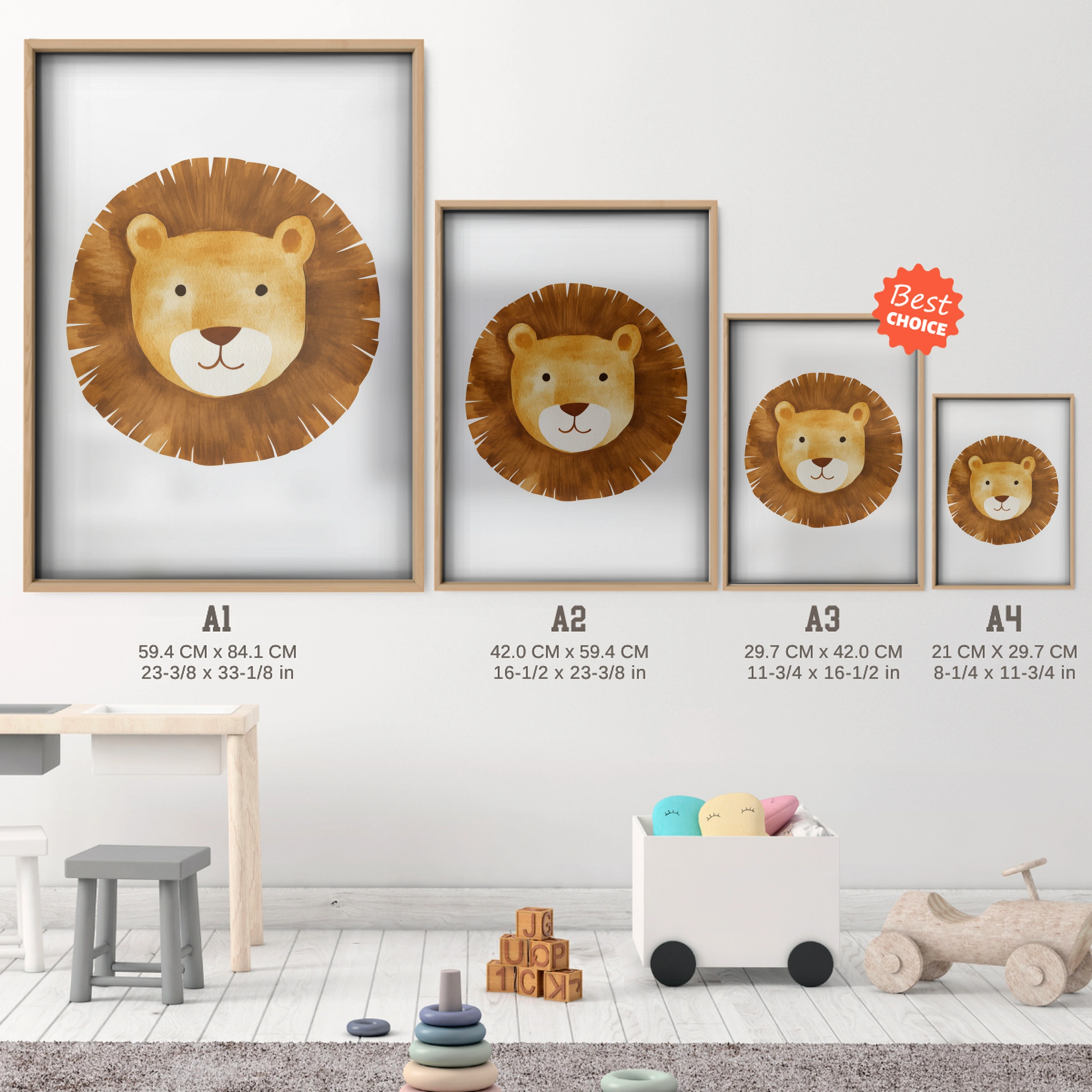 Golden Lion Face Nursery Print - size guide A4 A3 A2 A1 nursery print