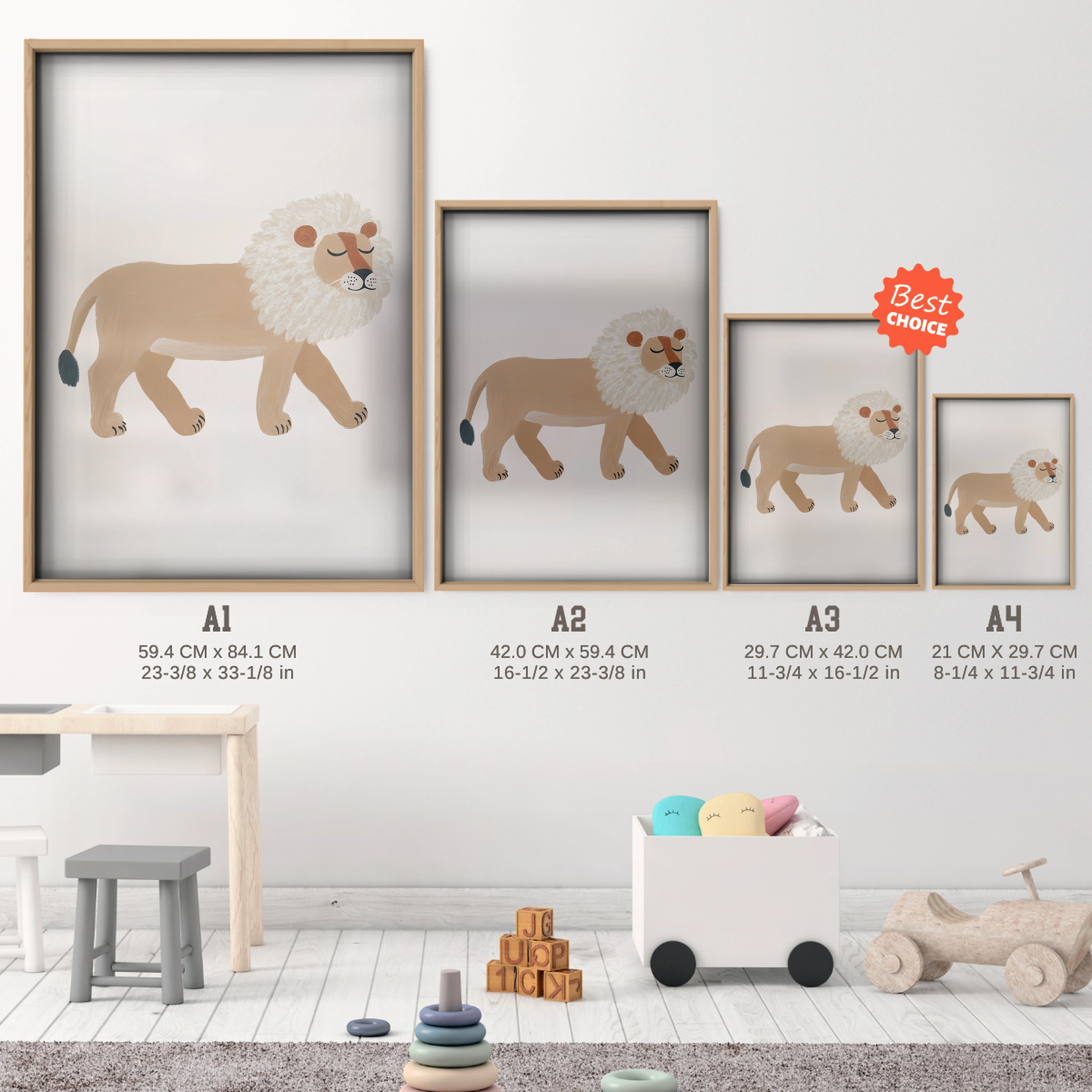 Golden Lion Nursery Print - size guide A4 A3 A2 A1 nursery print