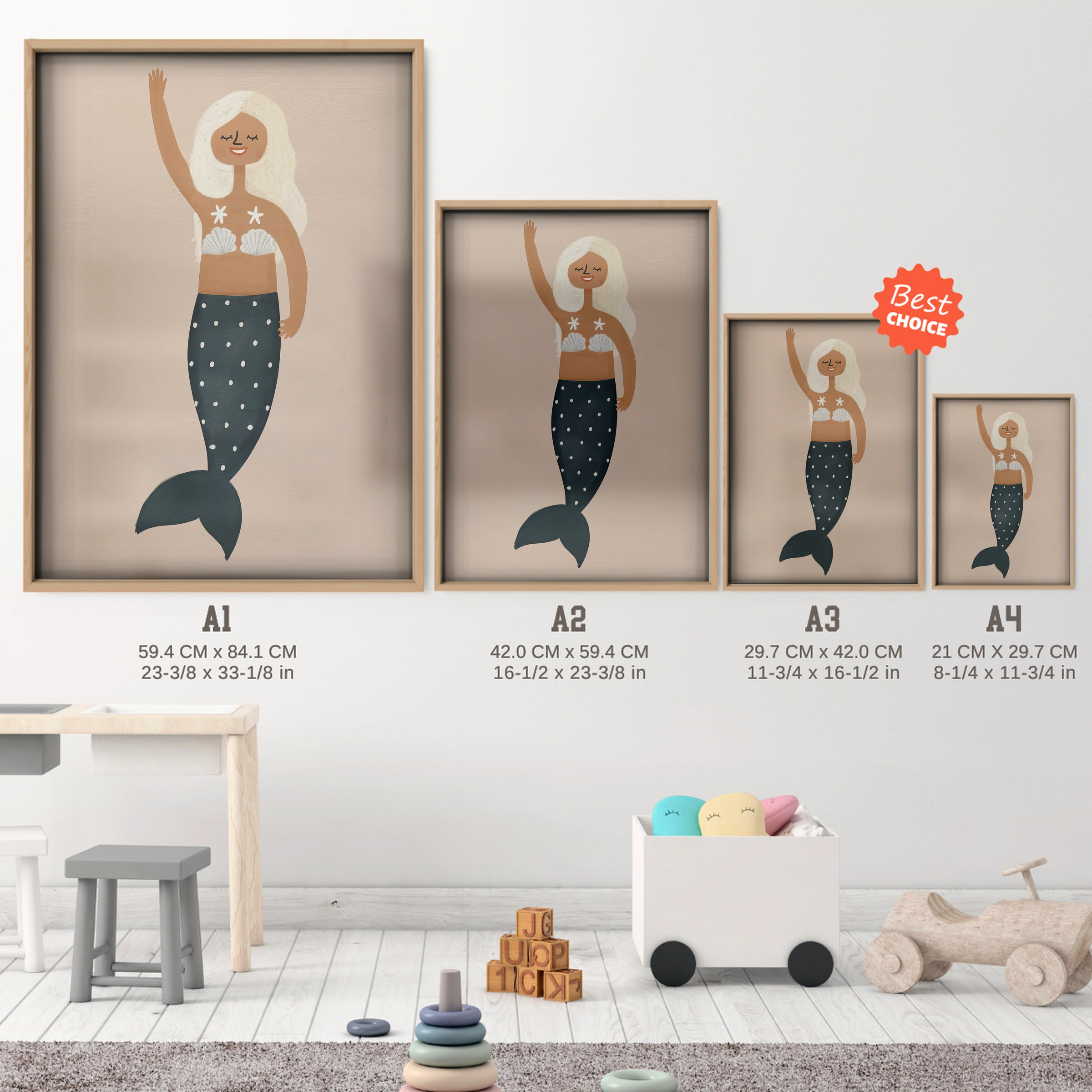 Golden Mermaid Nursery Print - size guide A4 A3 A2 A1 nursery print
