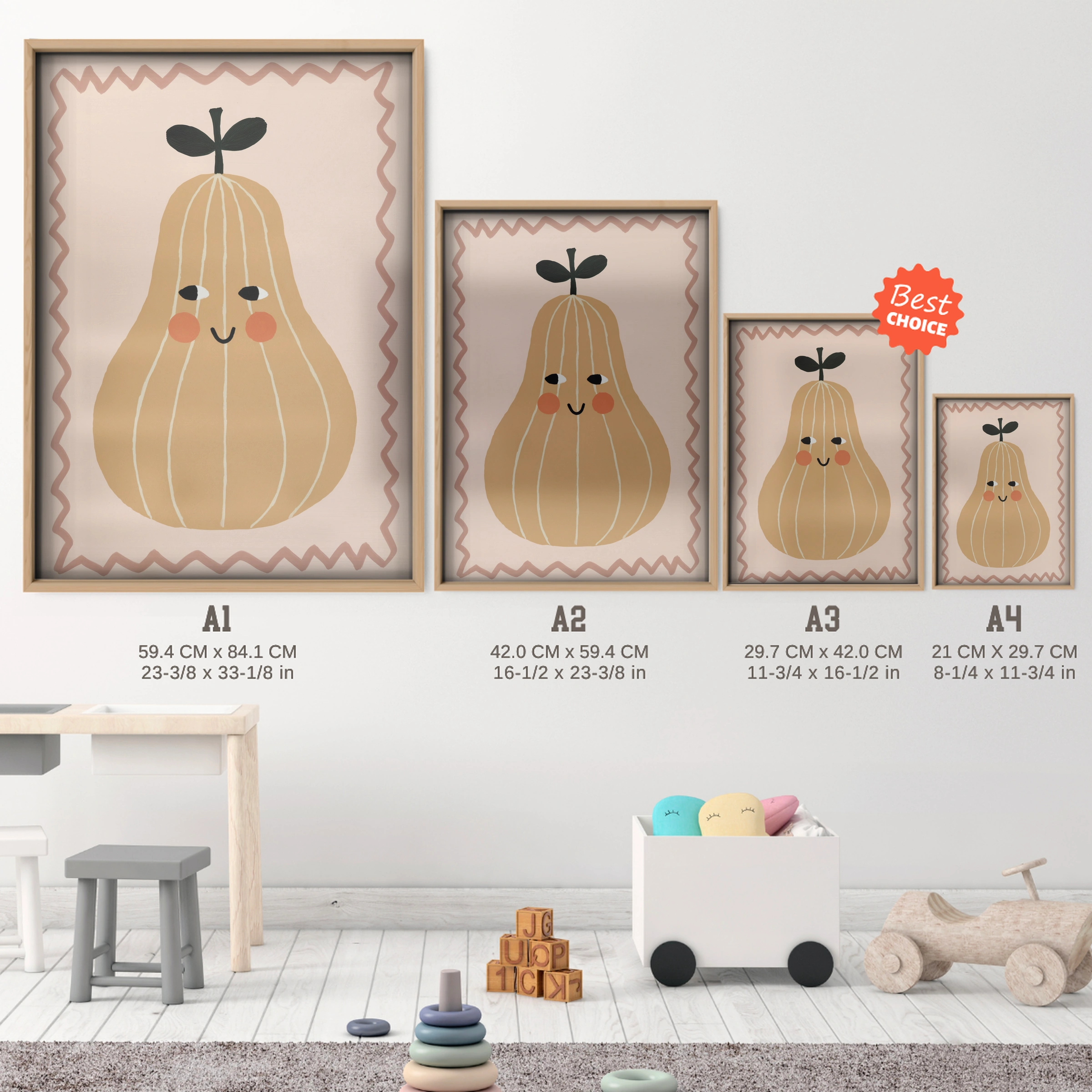 Golden Pear Nursery Print - size guide A4 A3 A2 A1 nursery print