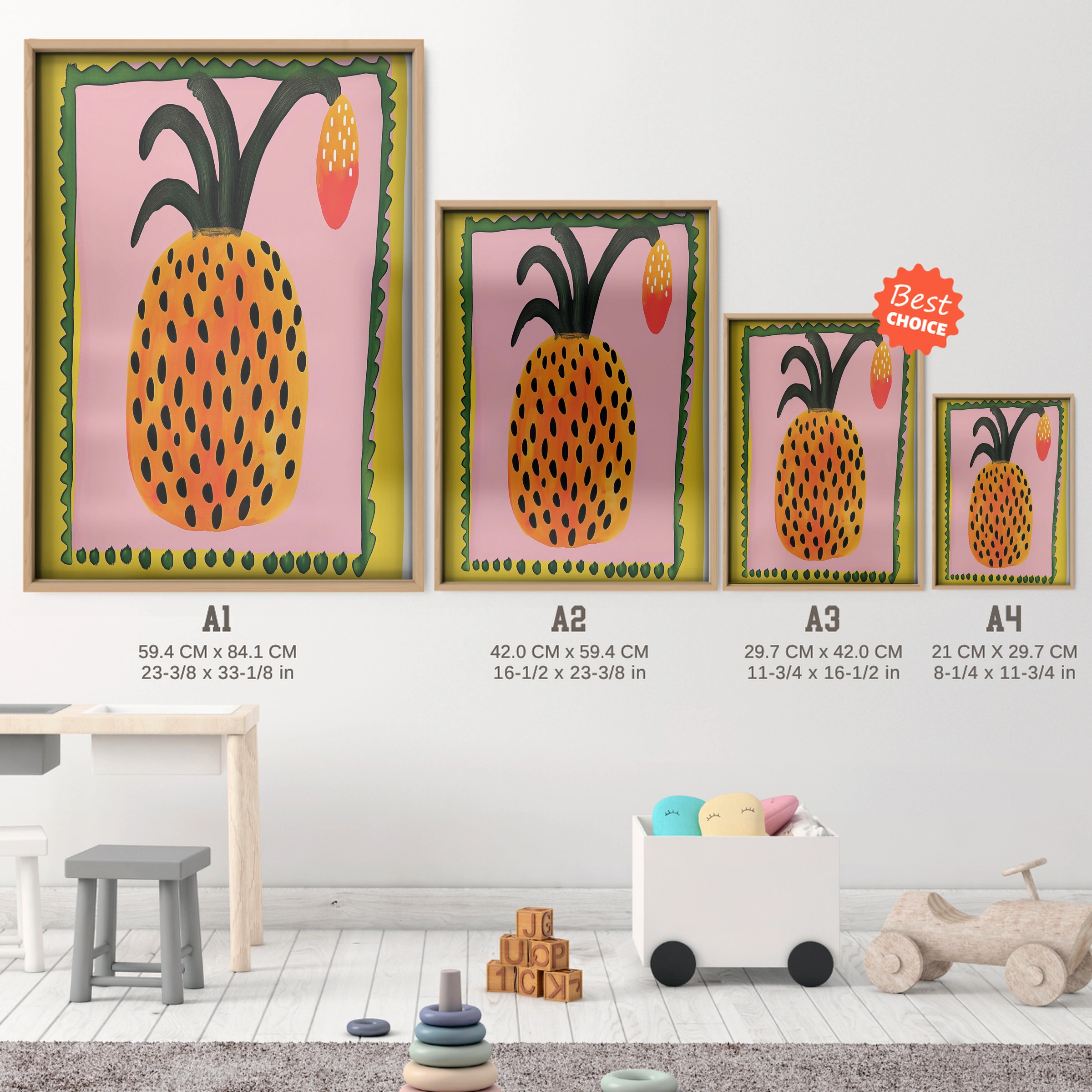 Golden Pineapple Nursery Print - size guide A4 A3 A2 A1 nursery print