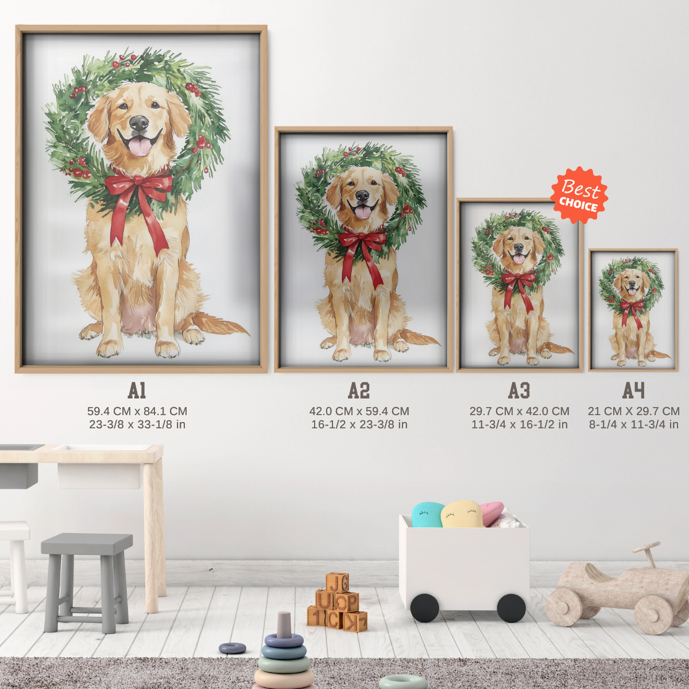 Golden Retriever with a Wreath Christmas Print - size guide A4 A3 A2 A1 nursery print
