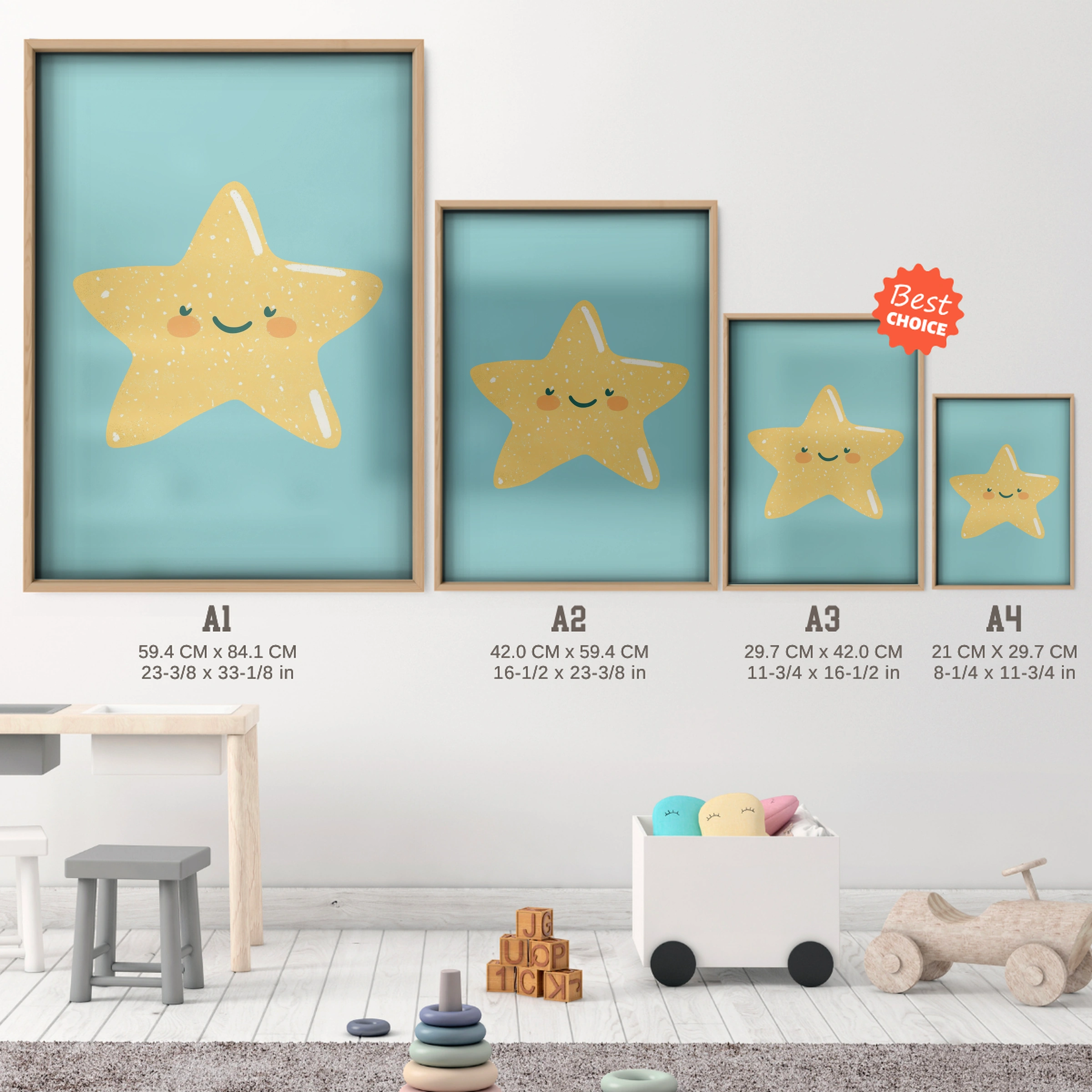Golden Star Nursery Print - size guide A4 A3 A2 A1 nursery print
