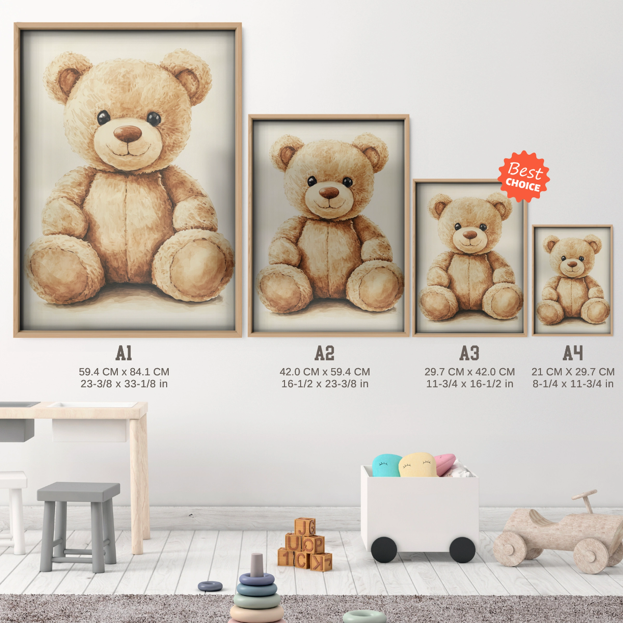 Golden Teddy Bear Nursery Print - size guide A4 A3 A2 A1 nursery print