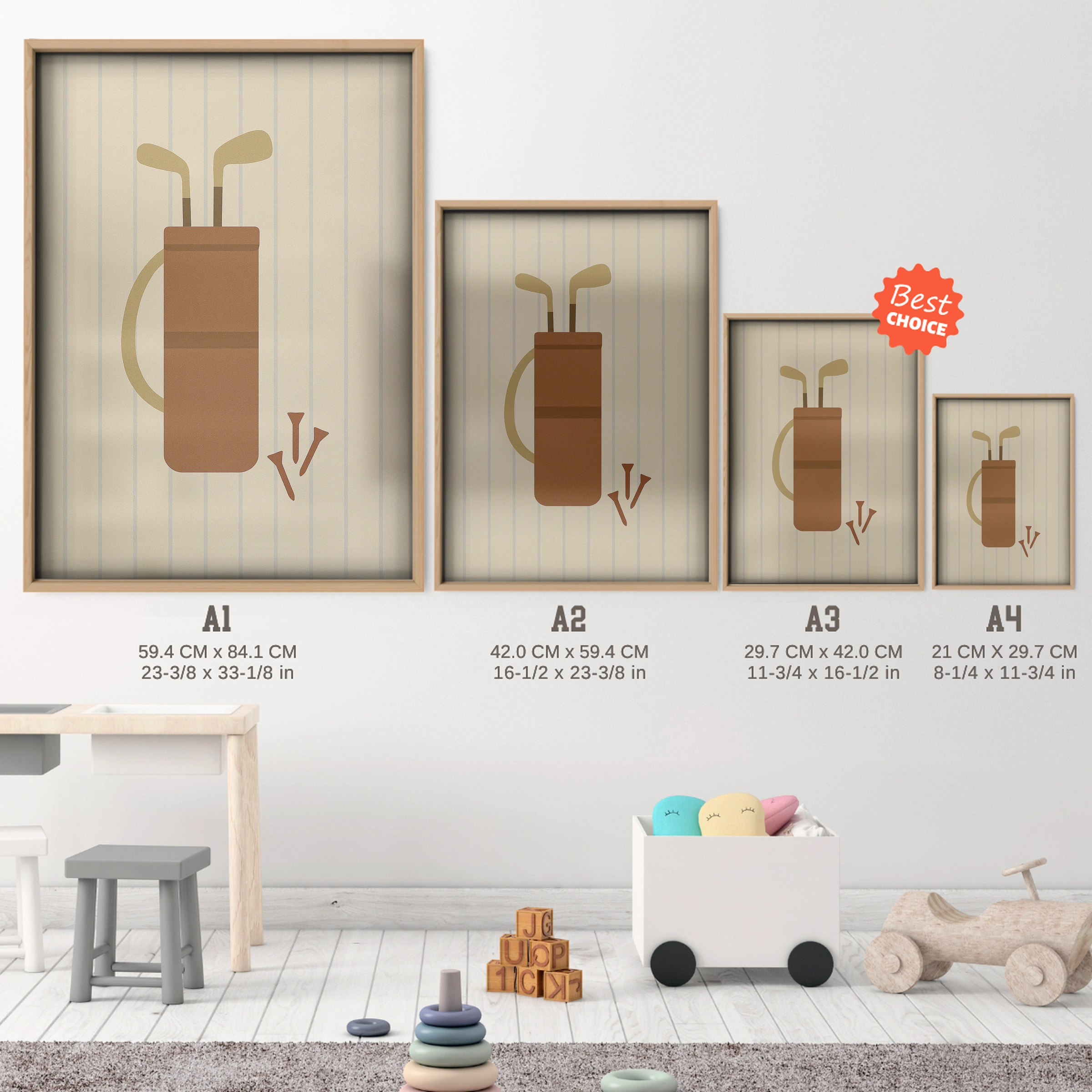 Golf Bag and Clubs Nursery Print - size guide A4 A3 A2 A1 nursery print