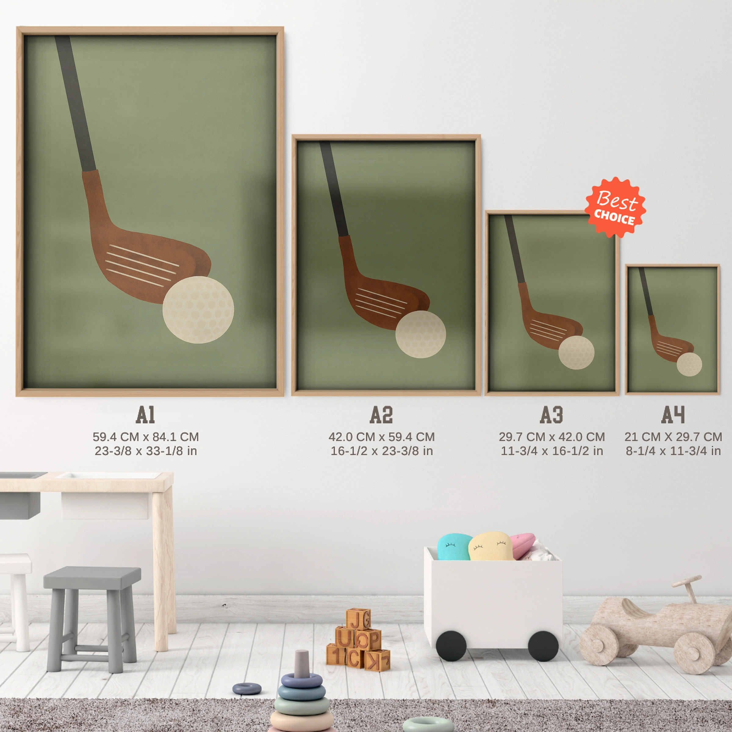 Golf Club and Ball Three Nursery Print - size guide A4 A3 A2 A1 nursery print