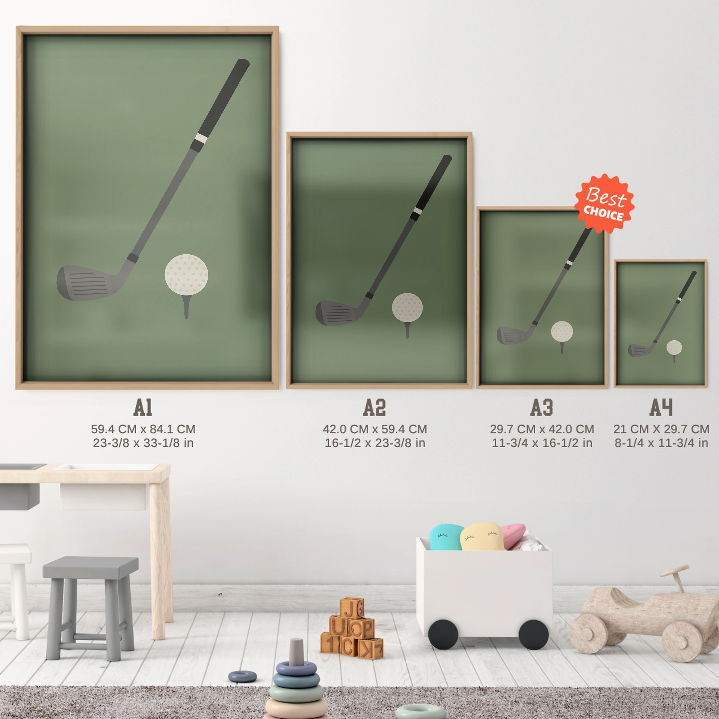 Golf Club and Ball Two Nursery Print - size guide A4 A3 A2 A1 nursery print