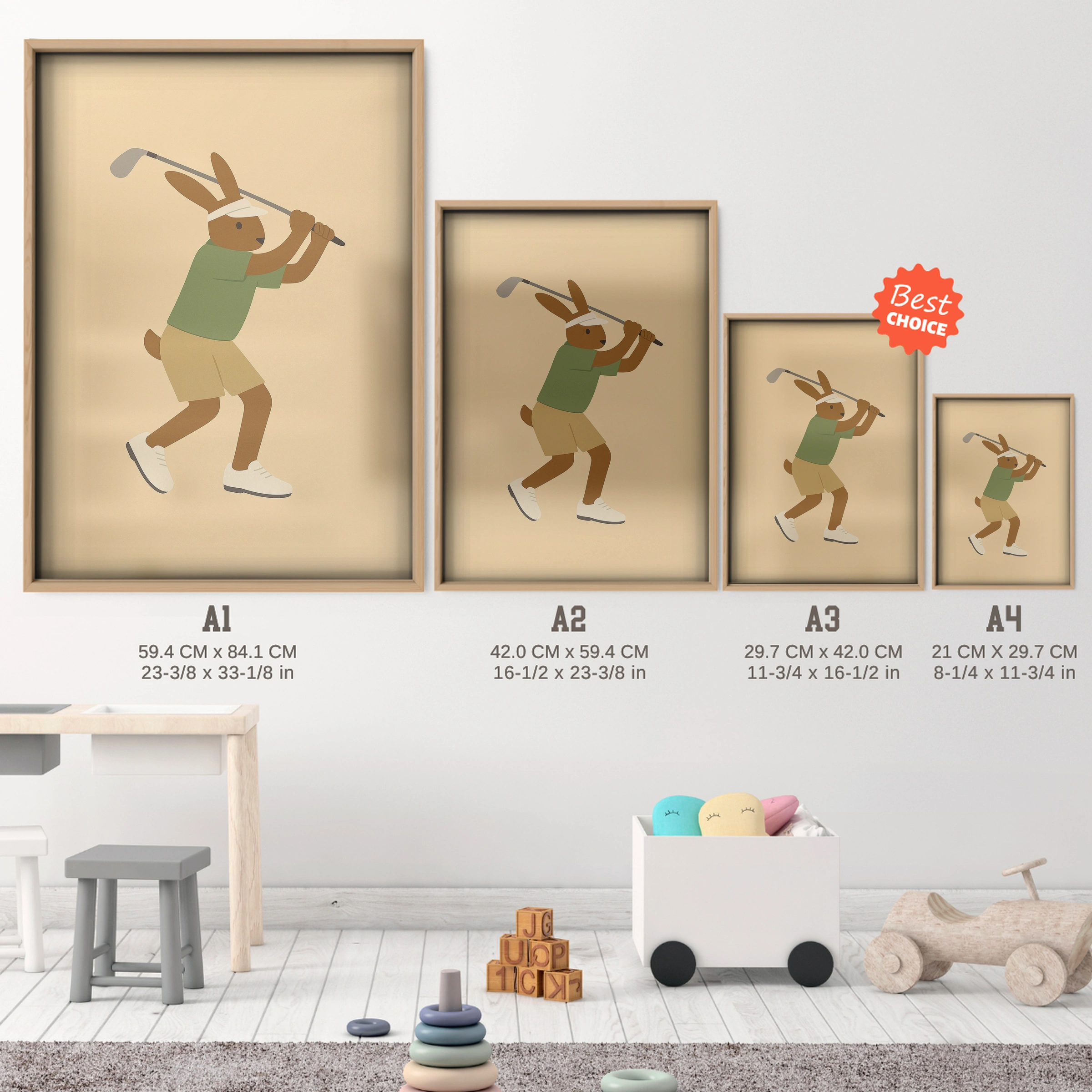 Golfer Rabbit Nursery Print - size guide A4 A3 A2 A1 nursery print